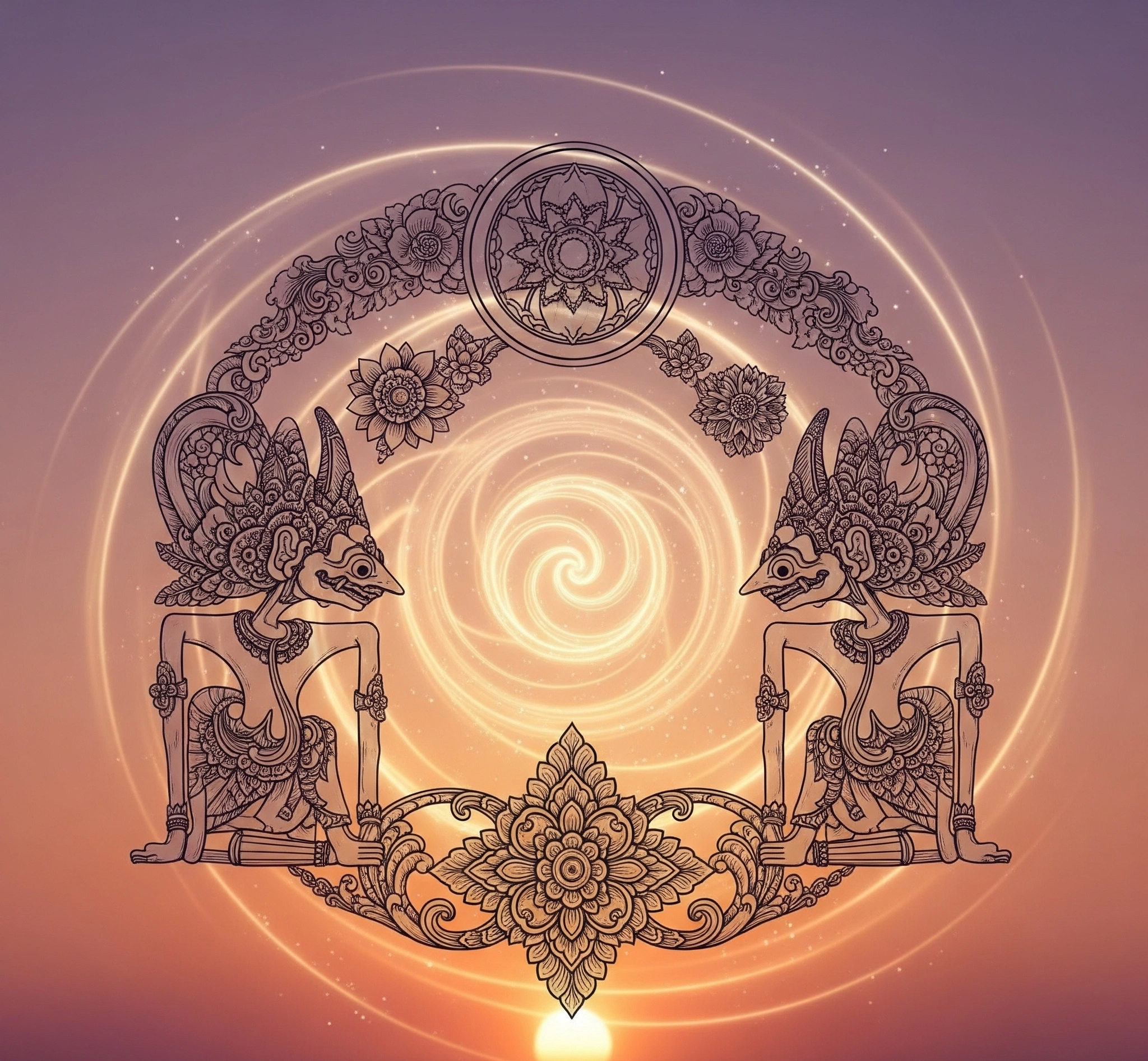 A symbolic and artistic image representing the harmony of traditional Javanese spiritual symbols and cosmic patterns, with a warm, ethereal glow, suitable for a beginner's guide.