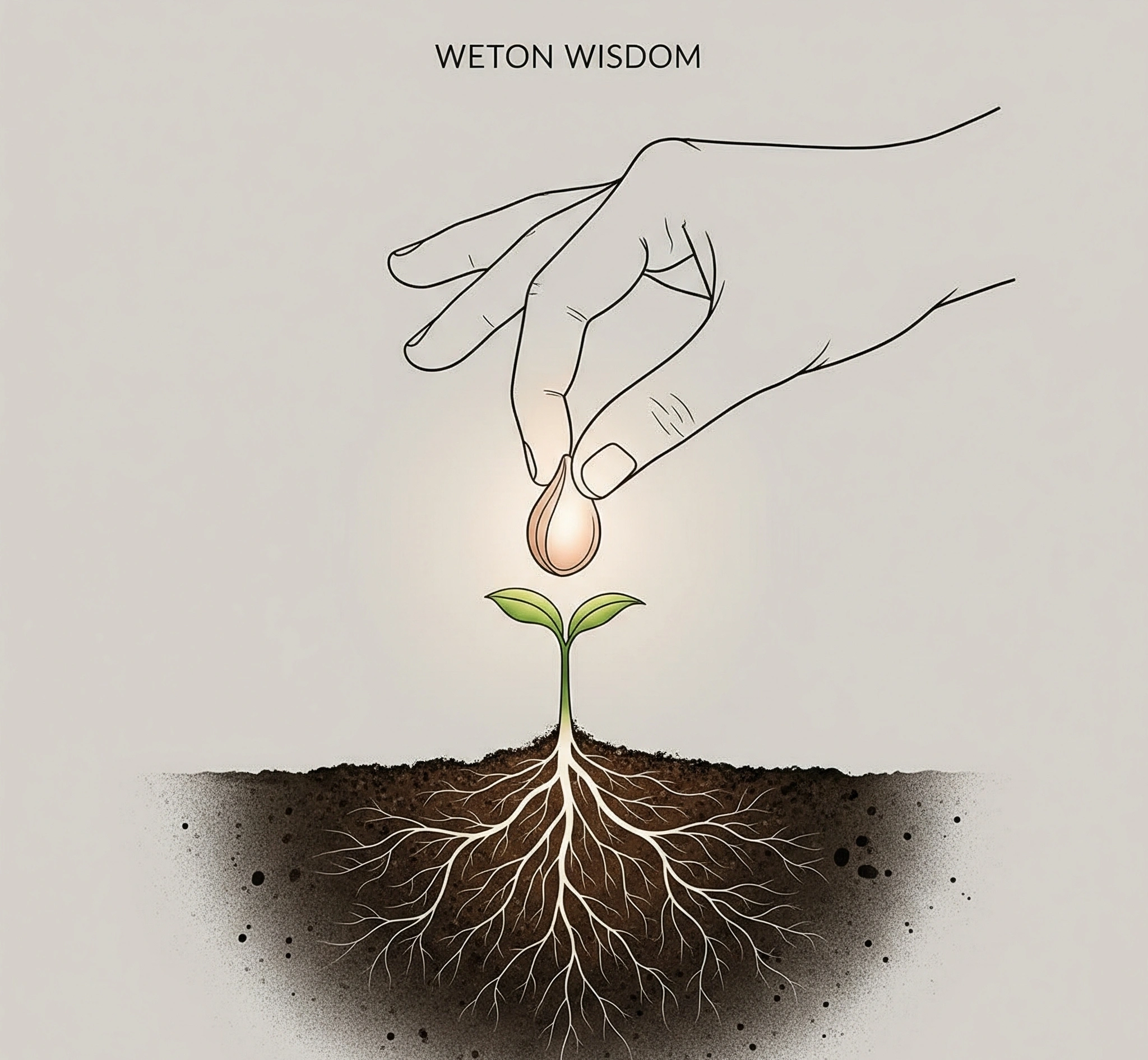A simple, clean graphic showing a hand holding a small, glowing seed, with roots extending into the earth and a small sprout emerging, symbolizing the planting of intention and and growth through Weton wisdom.