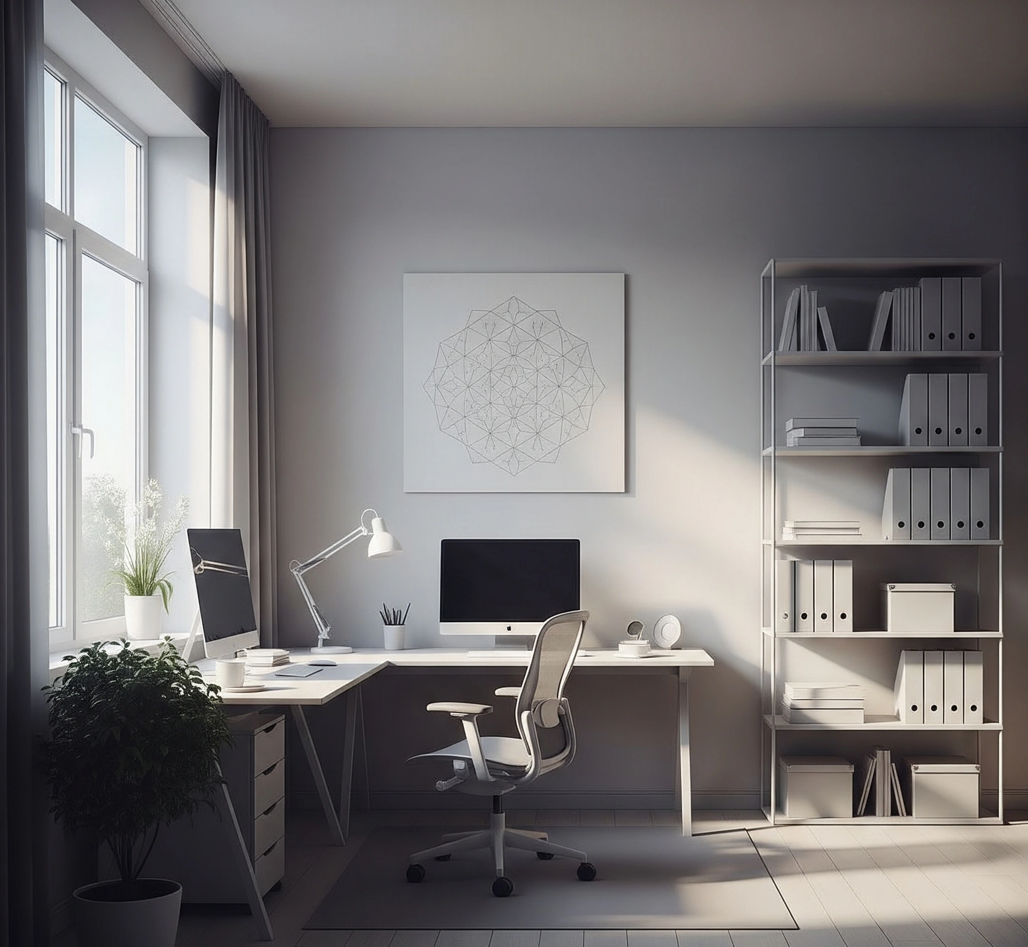 A harmonious and well-balanced modern living space, reflecting the application of sacred geometry principles for order and calm