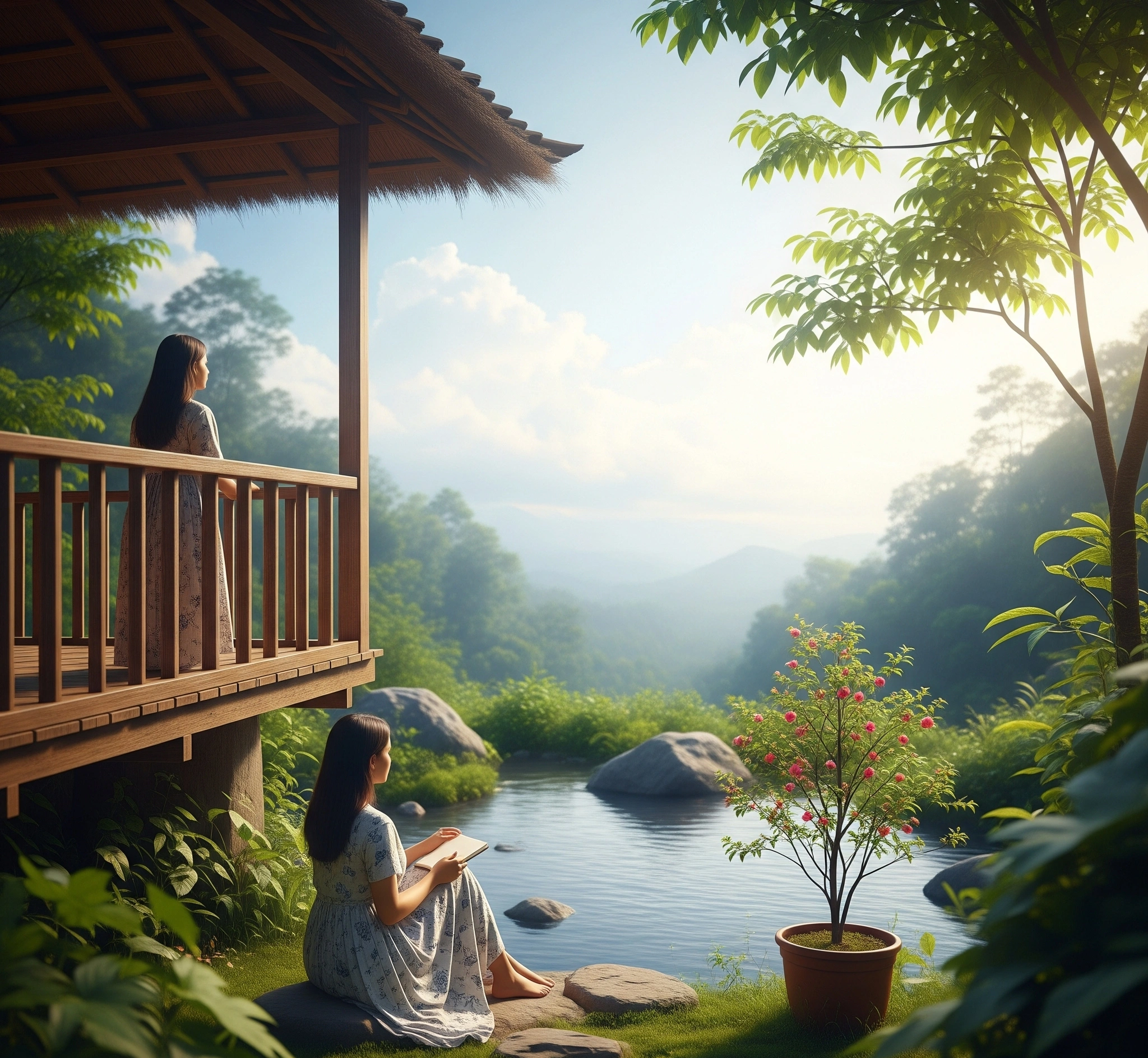 A person peacefully connecting with nature, symbolizing mindful observation and creating sacred spaces in daily life.