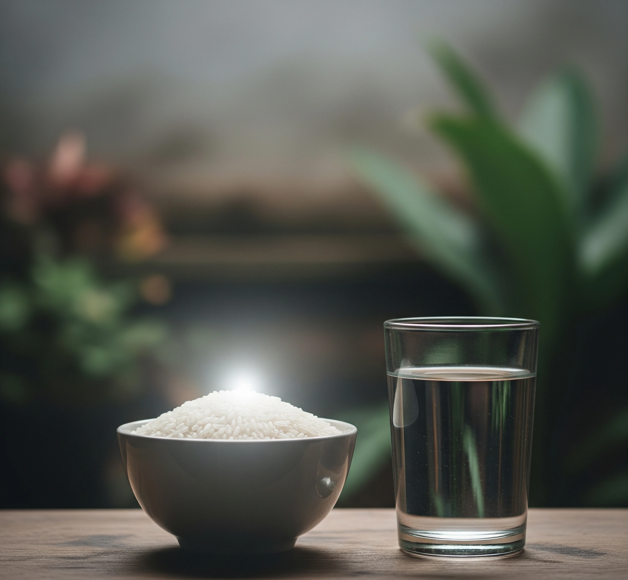 A simple bowl of white rice and a glass of water, symbolizing the purity and clarity of Puasa Mutih