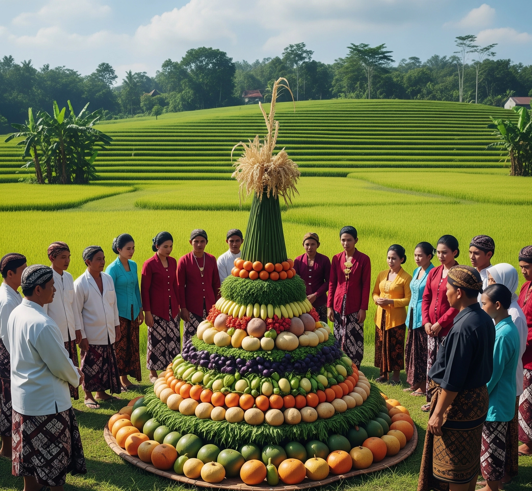 A vibrant Sedekah Bumi ceremony in a Javanese village, showing a conical mound of fresh produce and community members, symbolizing gratitude to the earth