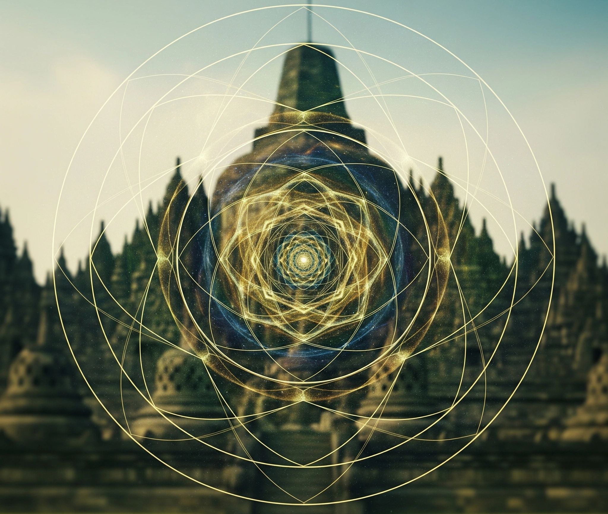 Abstract glowing geometric patterns subtly overlaid on an ancient Javanese temple, symbolizing hidden mathematical blueprints.