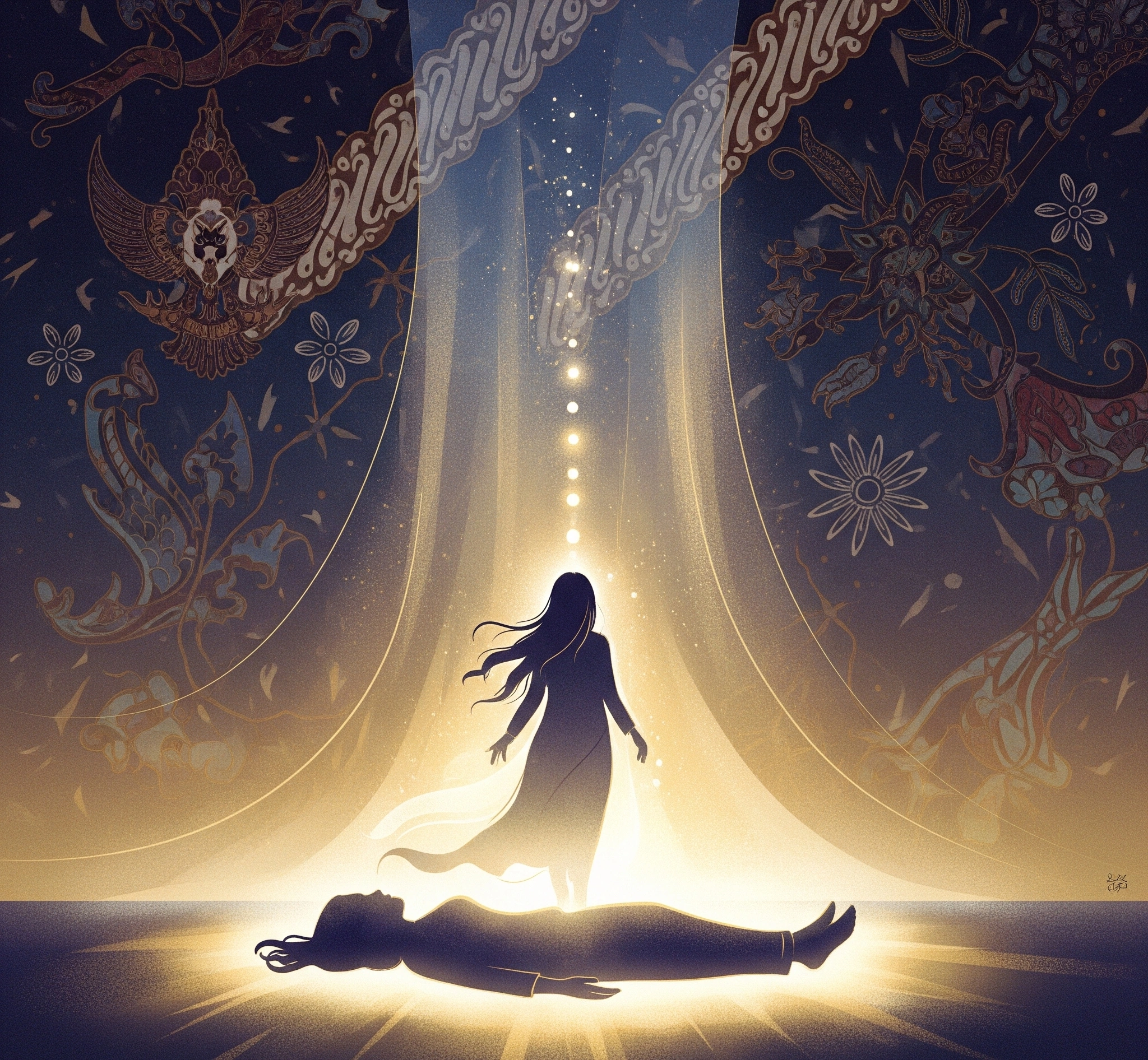 Abstract illustration of a soul's serene transition through a spiritual veil, symbolizing the transformational aspect of Javanese death rituals