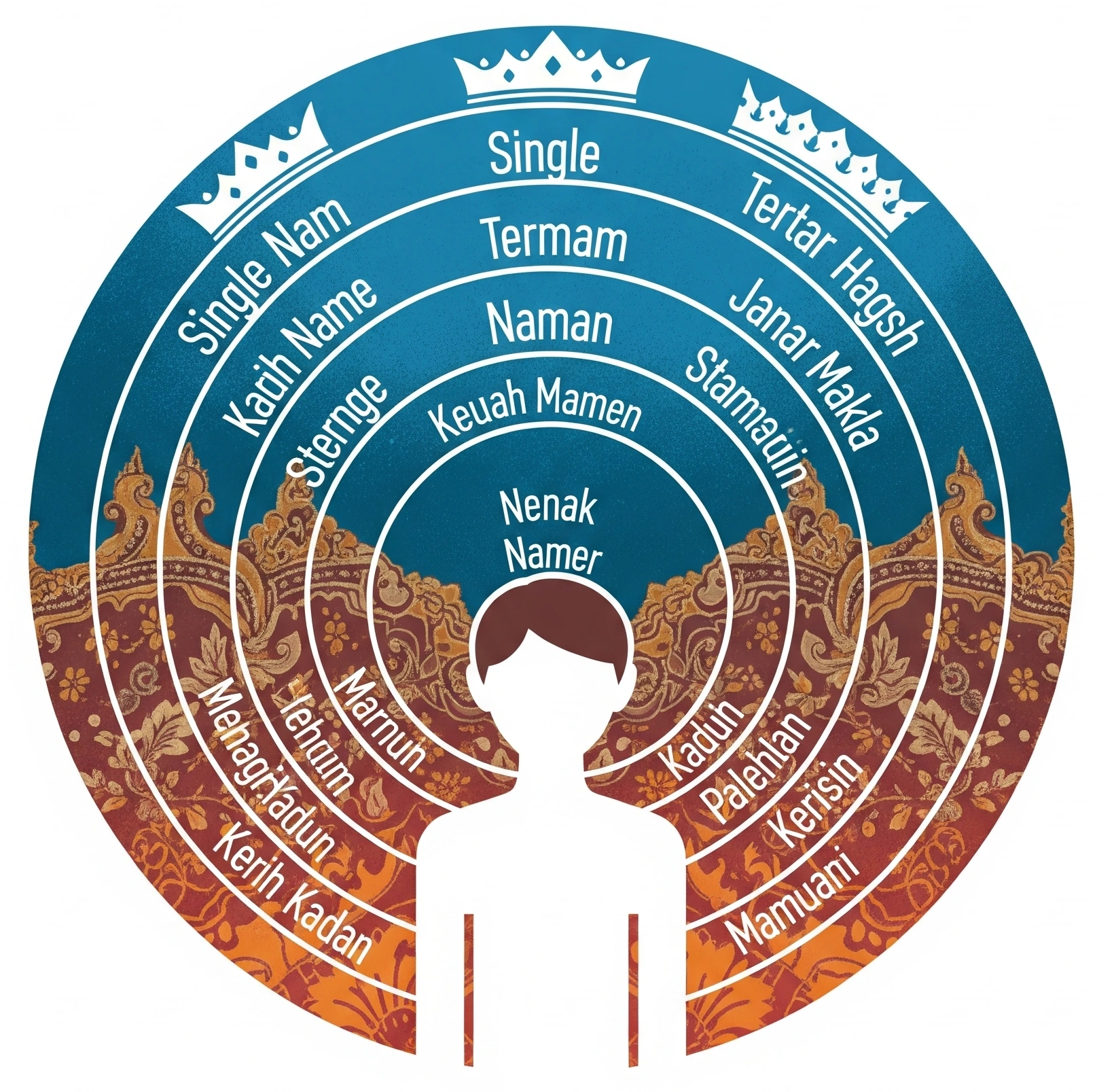 Abstract illustration showing concentric layers of Javanese identity, from simple names to complex compound names and noble titles.