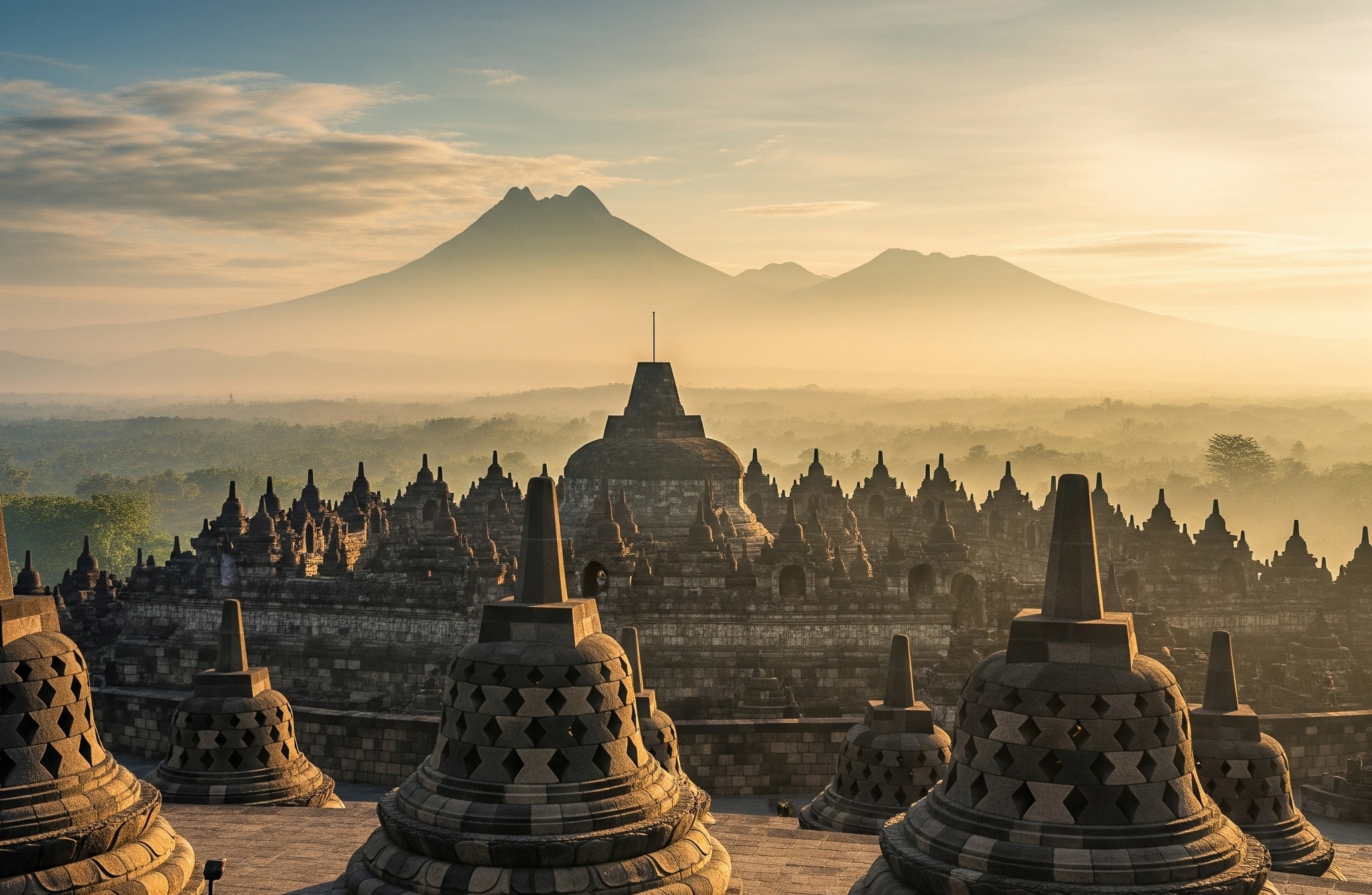 Borobudur Temple at sunrise, nestled in the misty landscape with Mount Merapi and Mount Merbabu in the background