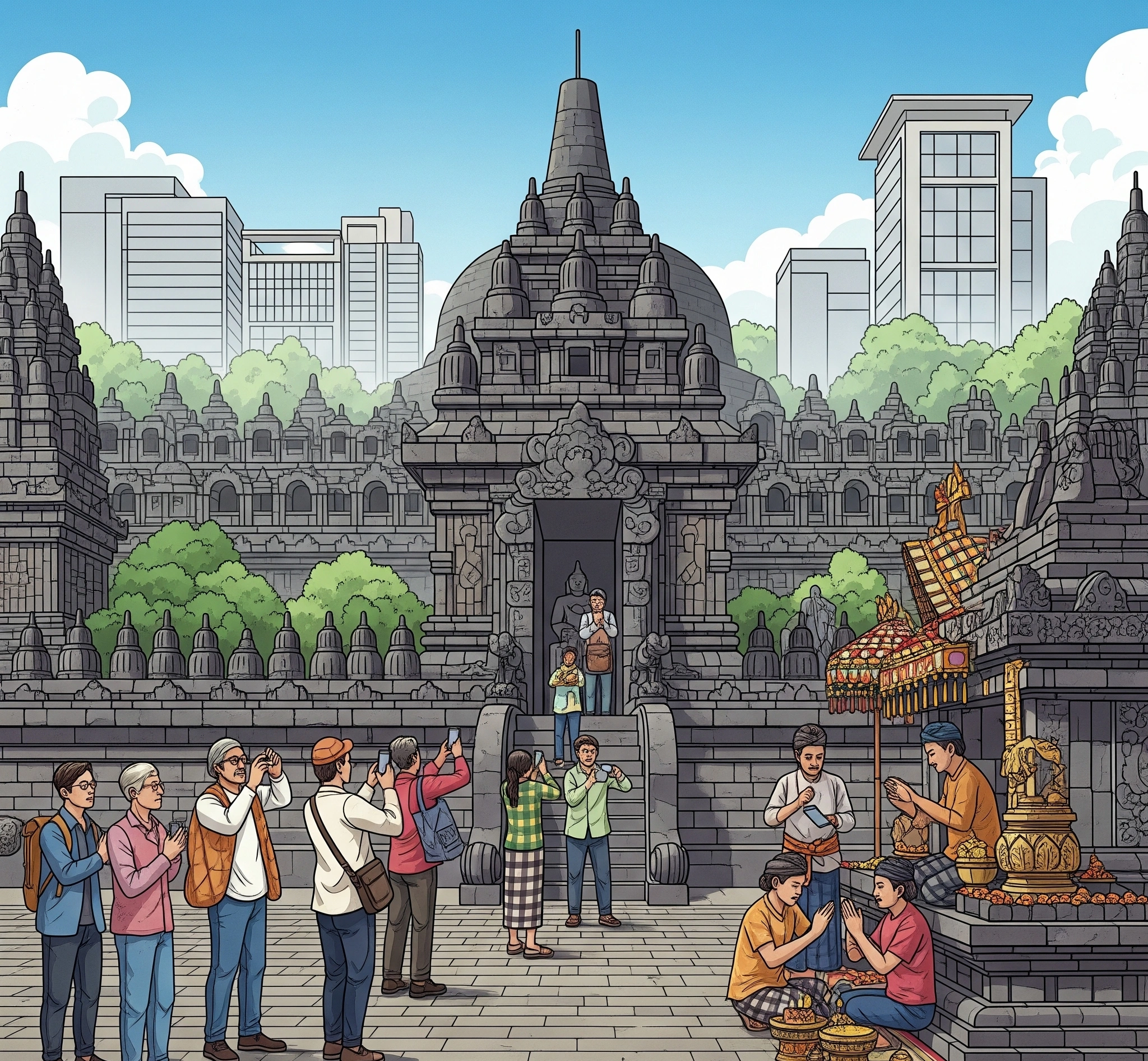Candi kuno Jawa sebagai situs warisan dunia modern, dengan pengunjung dan peziarah, melambangkan warisan budaya yang tak lekang oleh waktu
