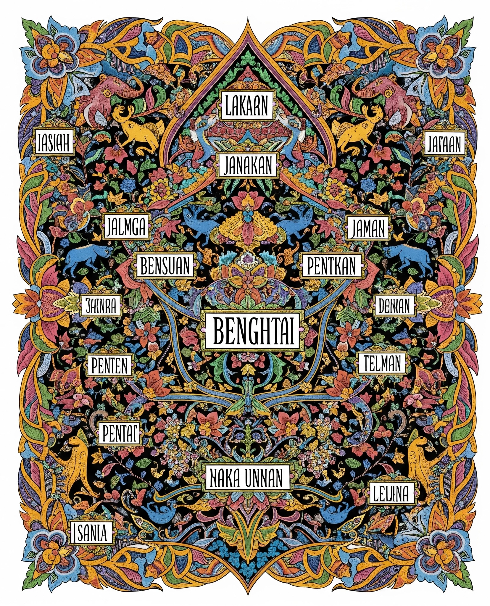 An illustration representing the symbolic meaning of Javanese names and titles, with traditional Javanese patterns