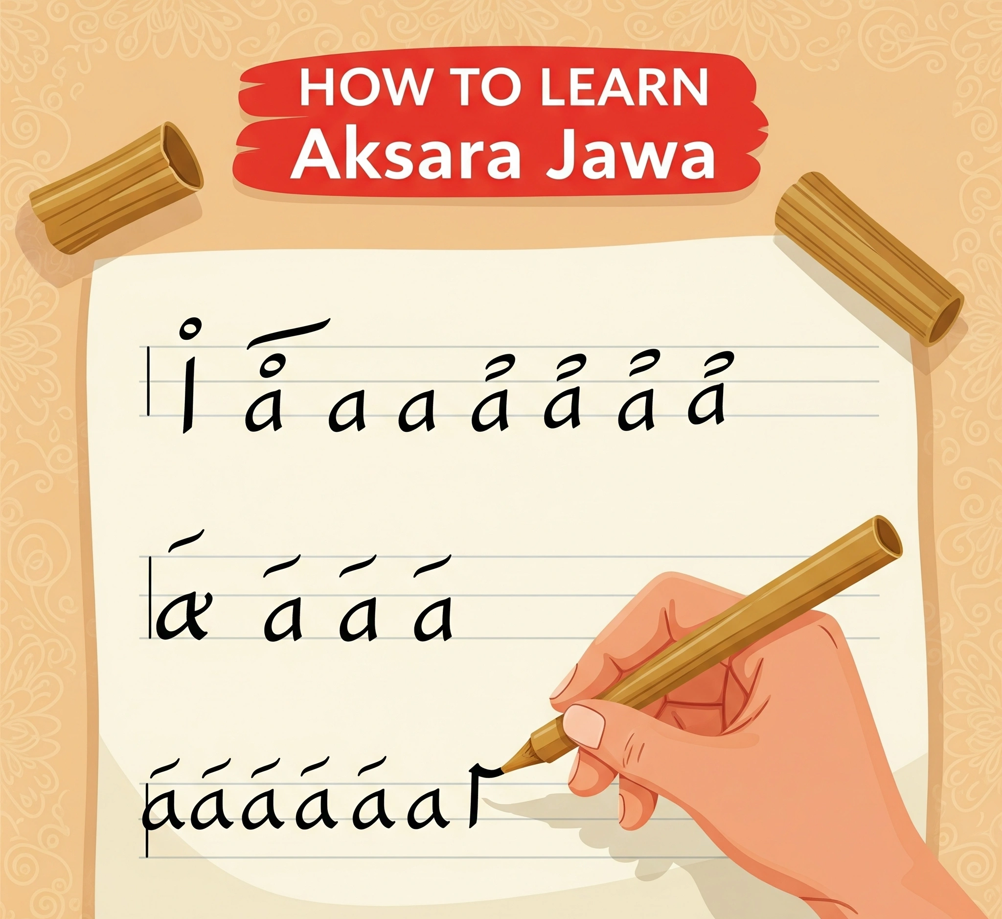Infographic explaining the structure of Javanese script (Aksara Jawa), showing basic characters, vowel modifiers (sandhangan), and conjuncts (pasangan) for beginners.