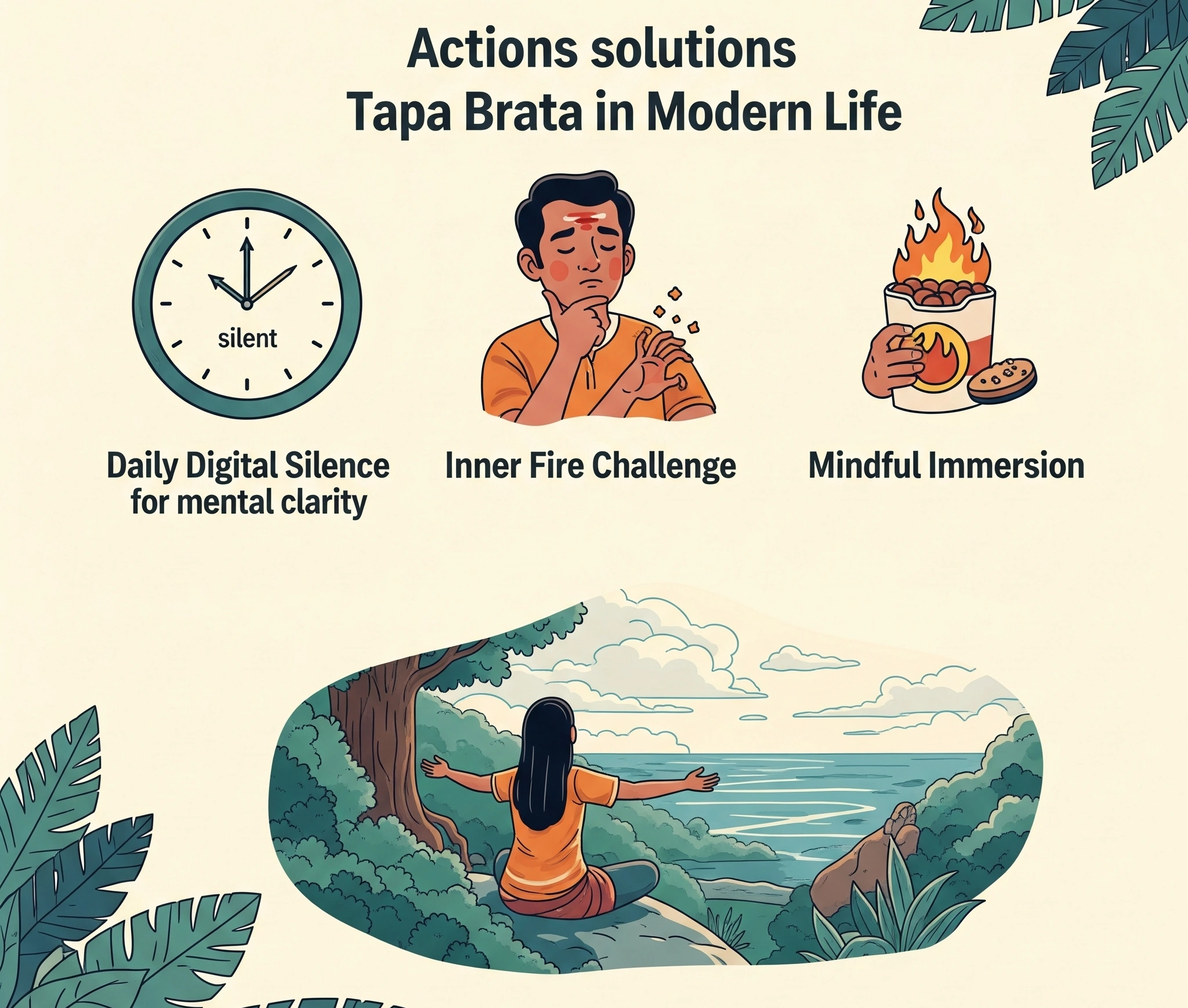 Visual guide for actionable steps to practice Tapa Brata in modern life, including digital silence, inner challenges, and mindful immersion
