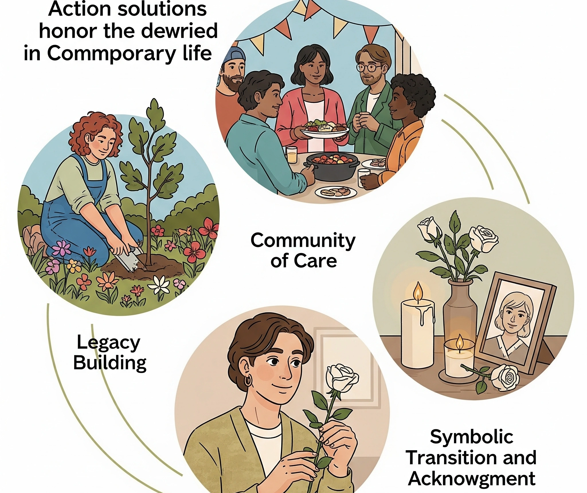 Visual guide for actionable ways to honor the departed in modern life, including legacy building, community support, and symbolic rituals