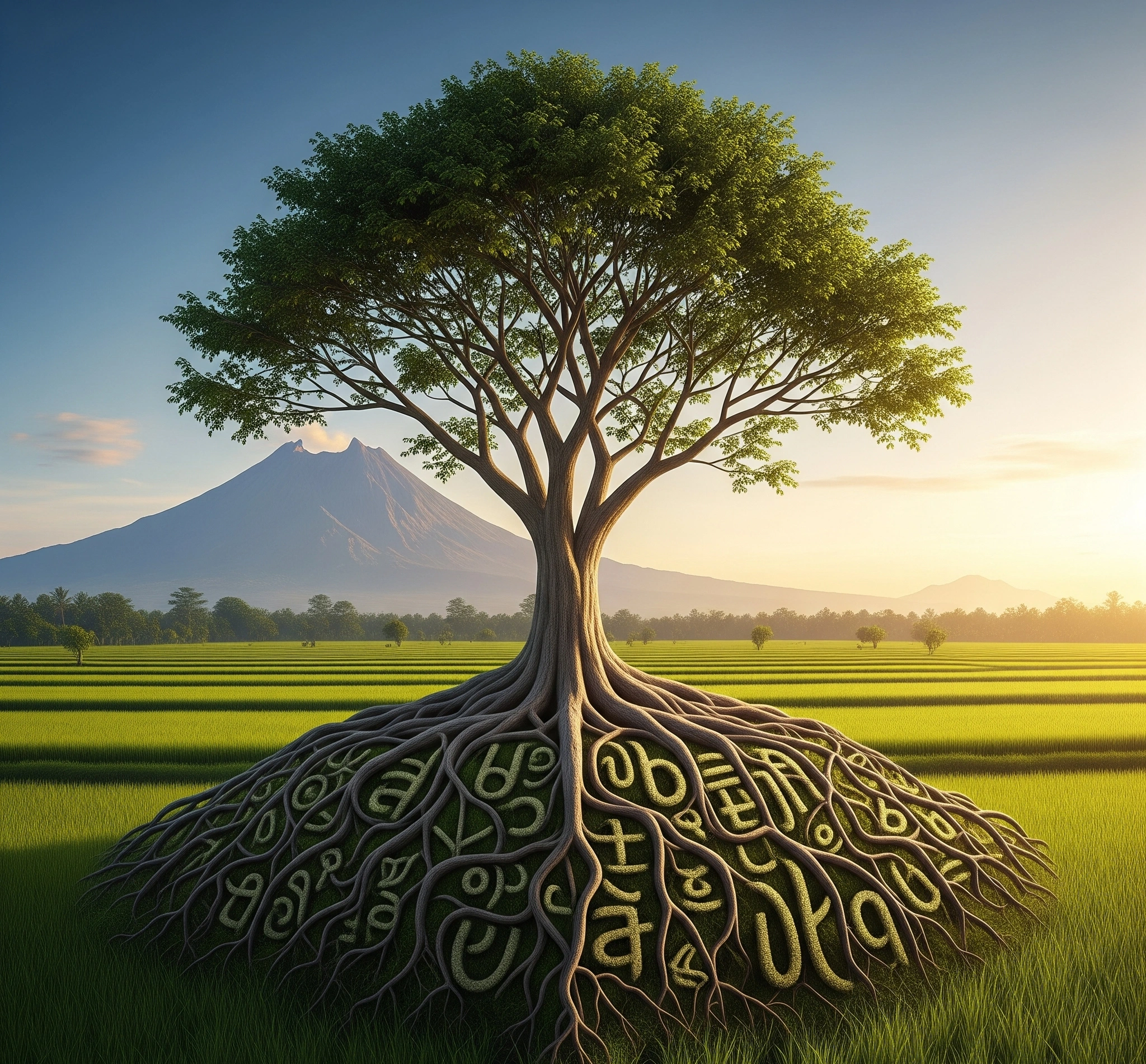 A concluding metaphorical image representing the enduring wisdom embedded within the Hanacaraka alphabet, perhaps an.ancient tree with roots forming the script characters.