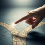 A hand considering a fork in the road on a map, symbolizing mindful decision-making and navigating life's complex choices and fate.
