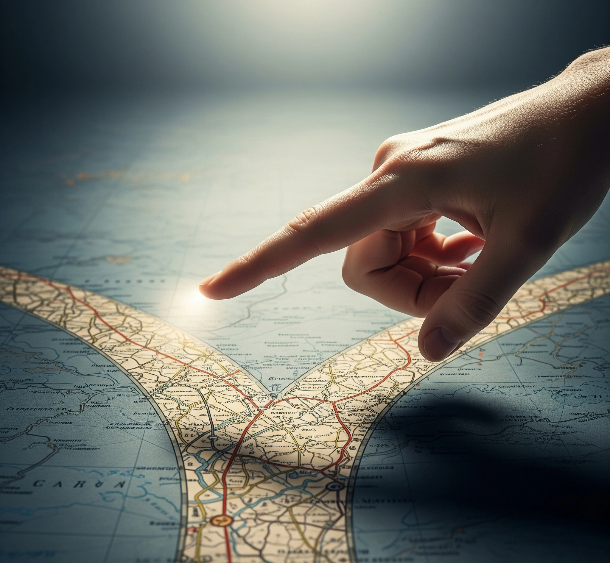 A hand considering a fork in the road on a map, symbolizing mindful decision-making and navigating life's complex choices and fate.