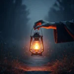 A hand holding a glowing lantern in darkness, symbolizing wisdom guiding through emotional challenges and uncertainty.