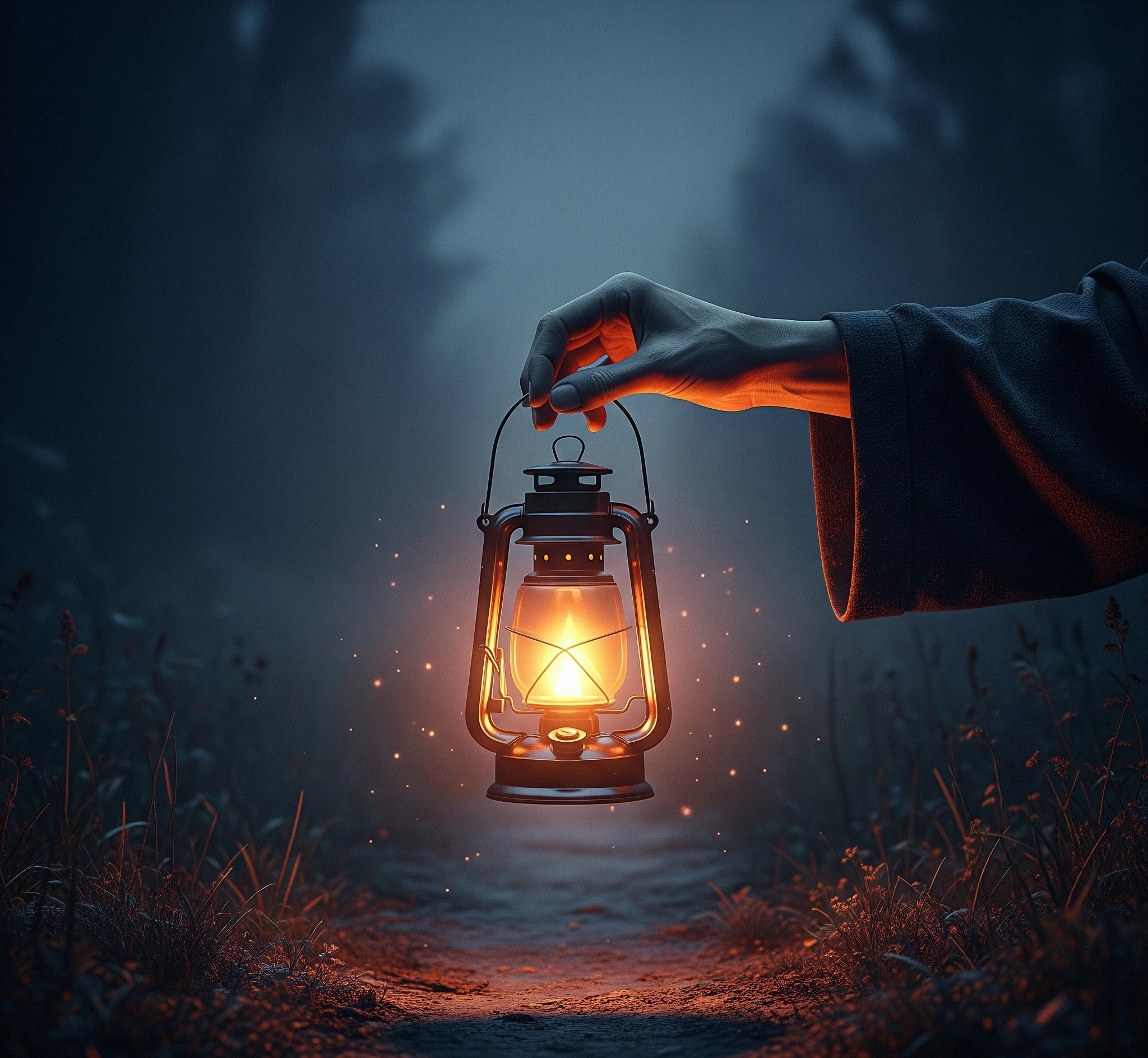 A hand holding a glowing lantern in darkness, symbolizing wisdom guiding through emotional challenges and uncertainty.