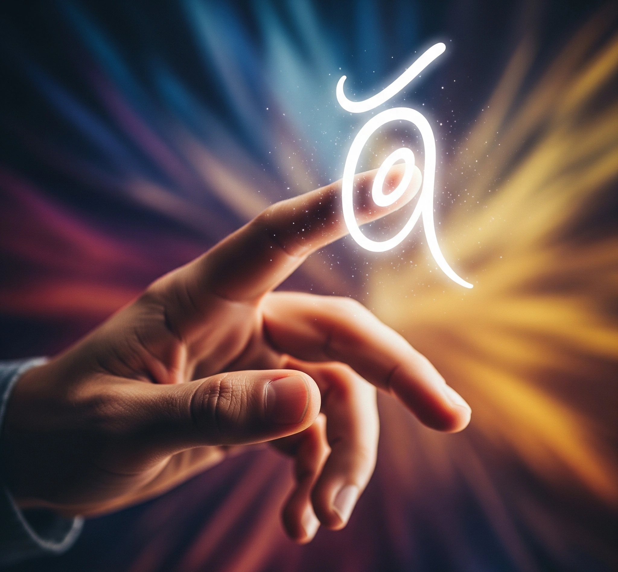 A hand reaching towards a glowing Hanacaraka character, symbolizing an invitation to connect with Javanese wisdom.