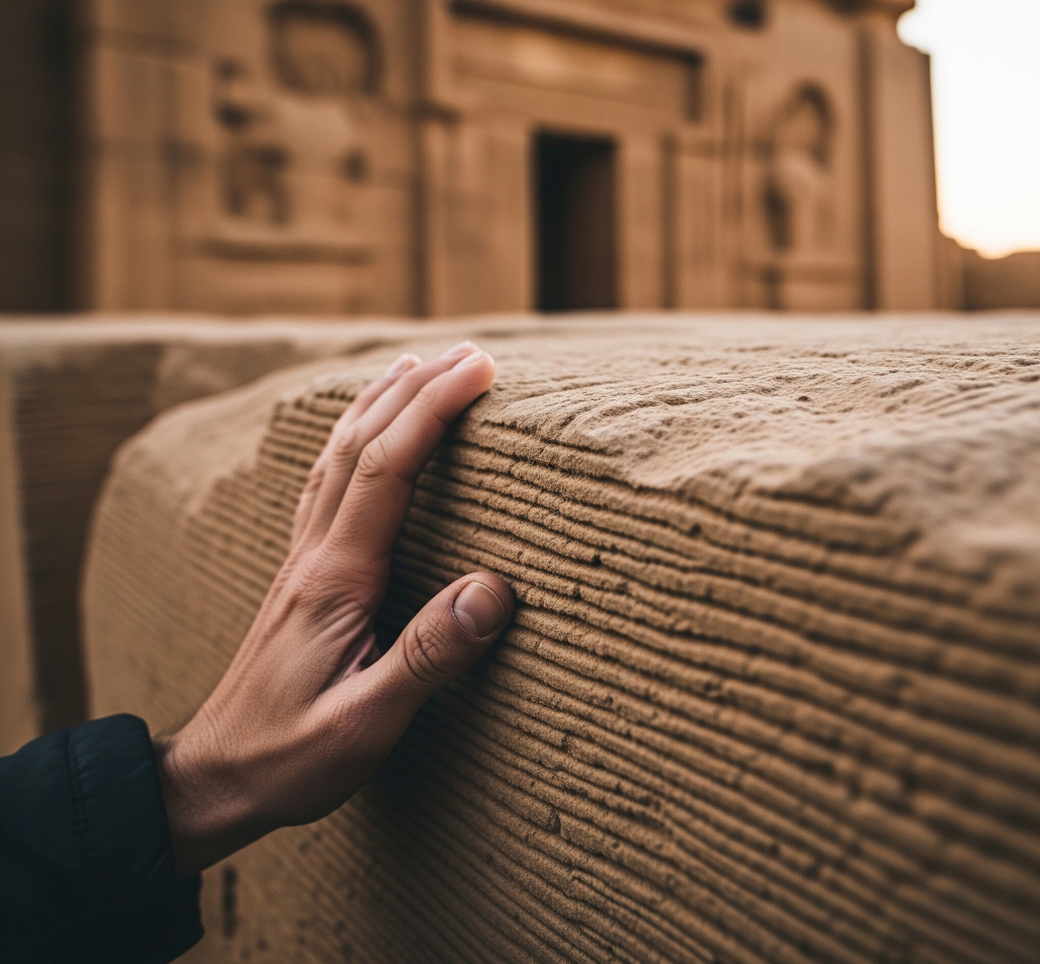 A human hand gently touching the weathered stone of Kidal Temple, symbolizing connection to ancient wisdom.