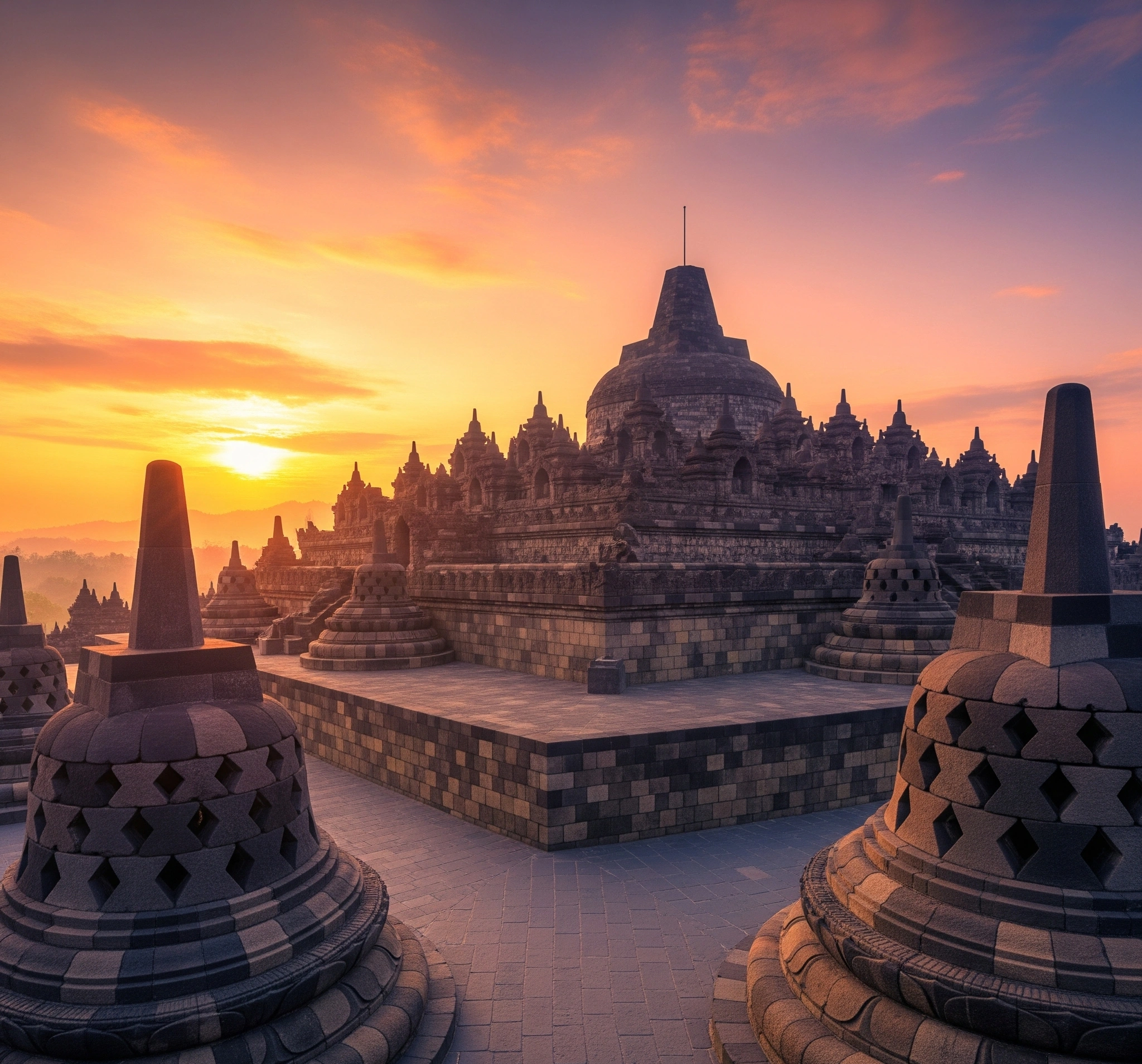 A majestic sunrise over Borobudur Temple, with subtle overlays of Buddhist symbols like the Dharma Wheel and Lotus, evoking a sense of ancient spirituality and architectural grandeur.
