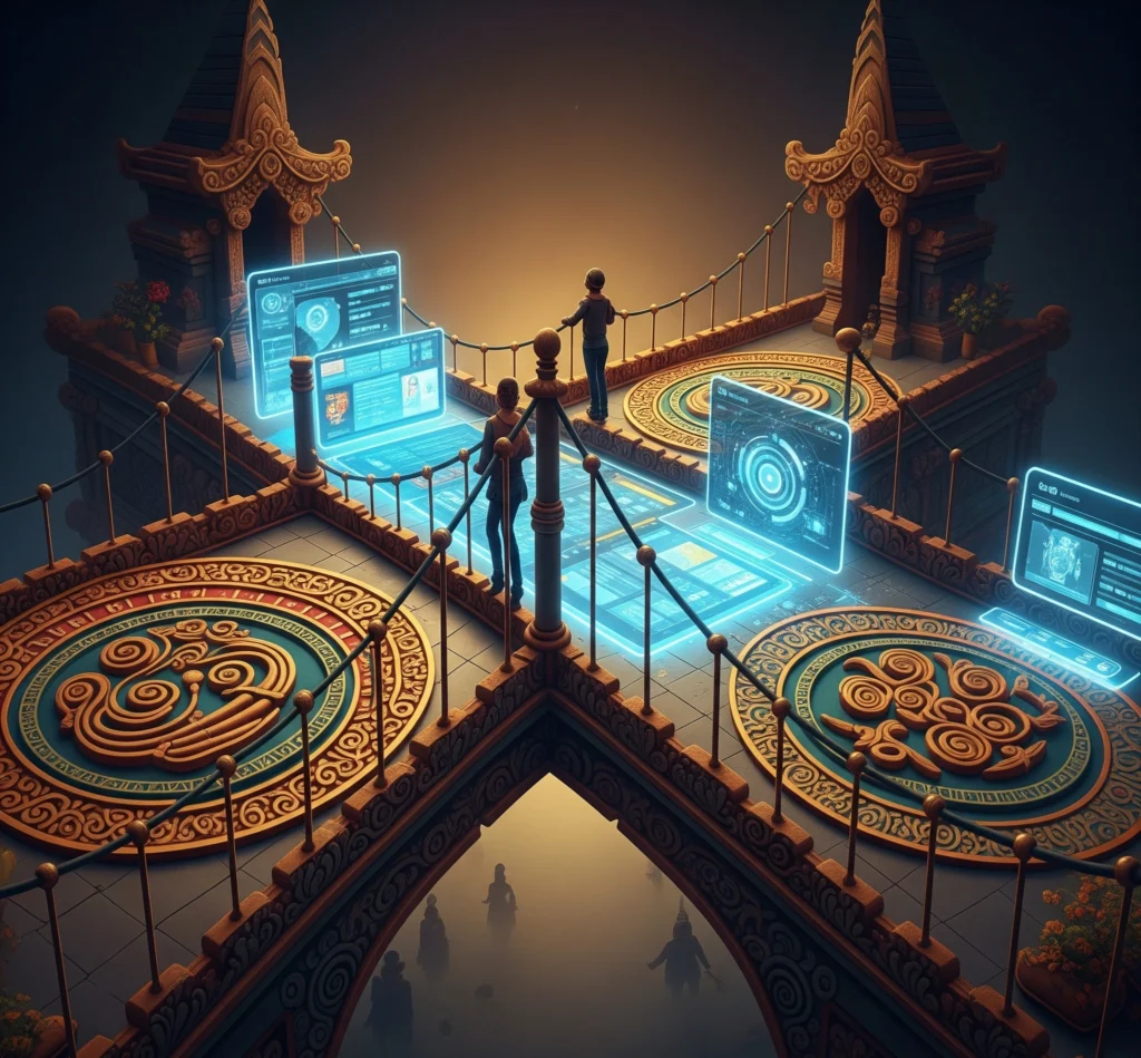 A metaphorical bridge connecting ancient Javanese calendar symbols with modern digital interfaces, symbolizing the integration of Weton wisdom