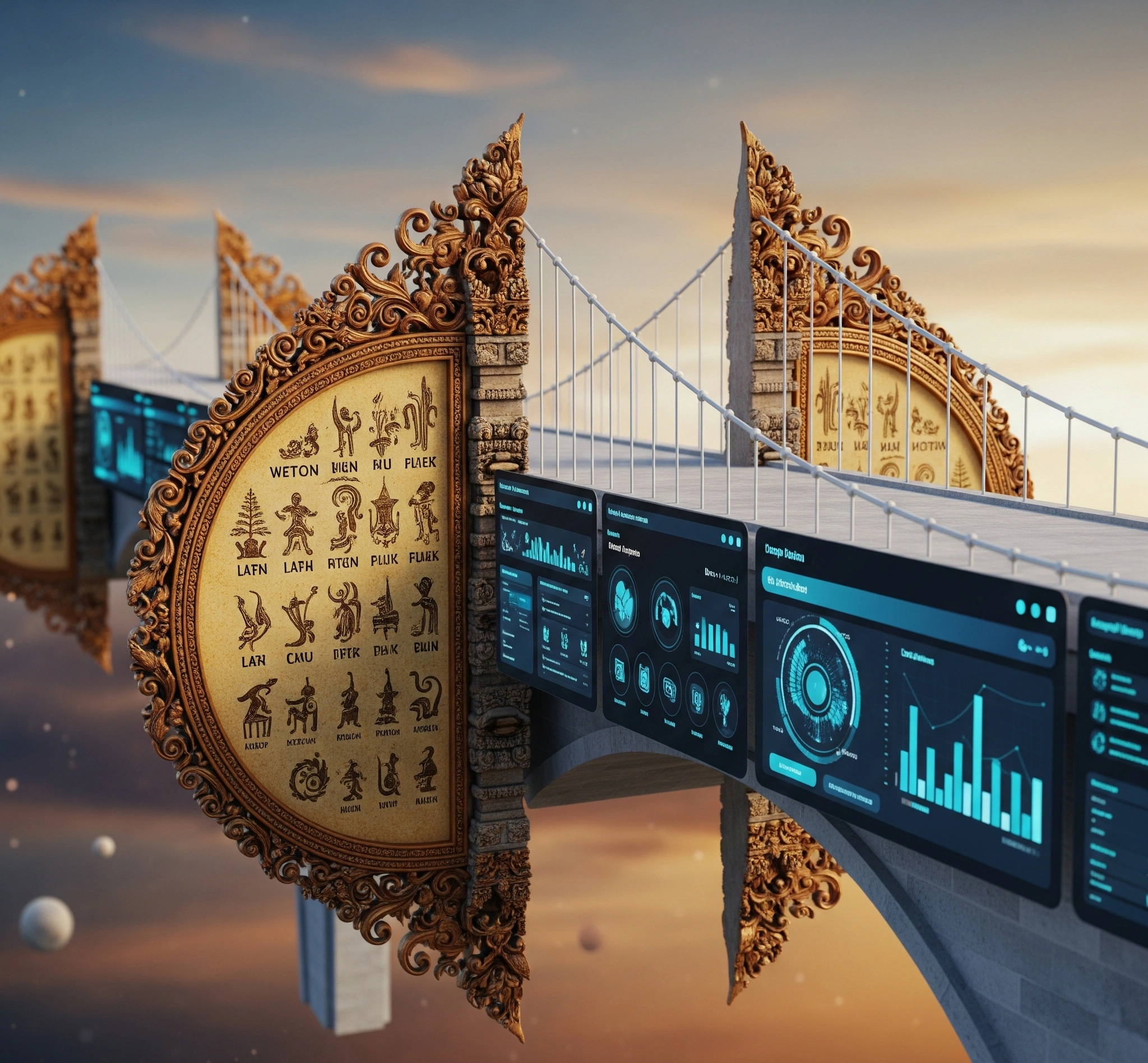 A metaphorical bridge connecting ancient Javanese calendar symbols with modern digital interfaces, symbolizing the integration of Weton wisdom. nuansa jawa
