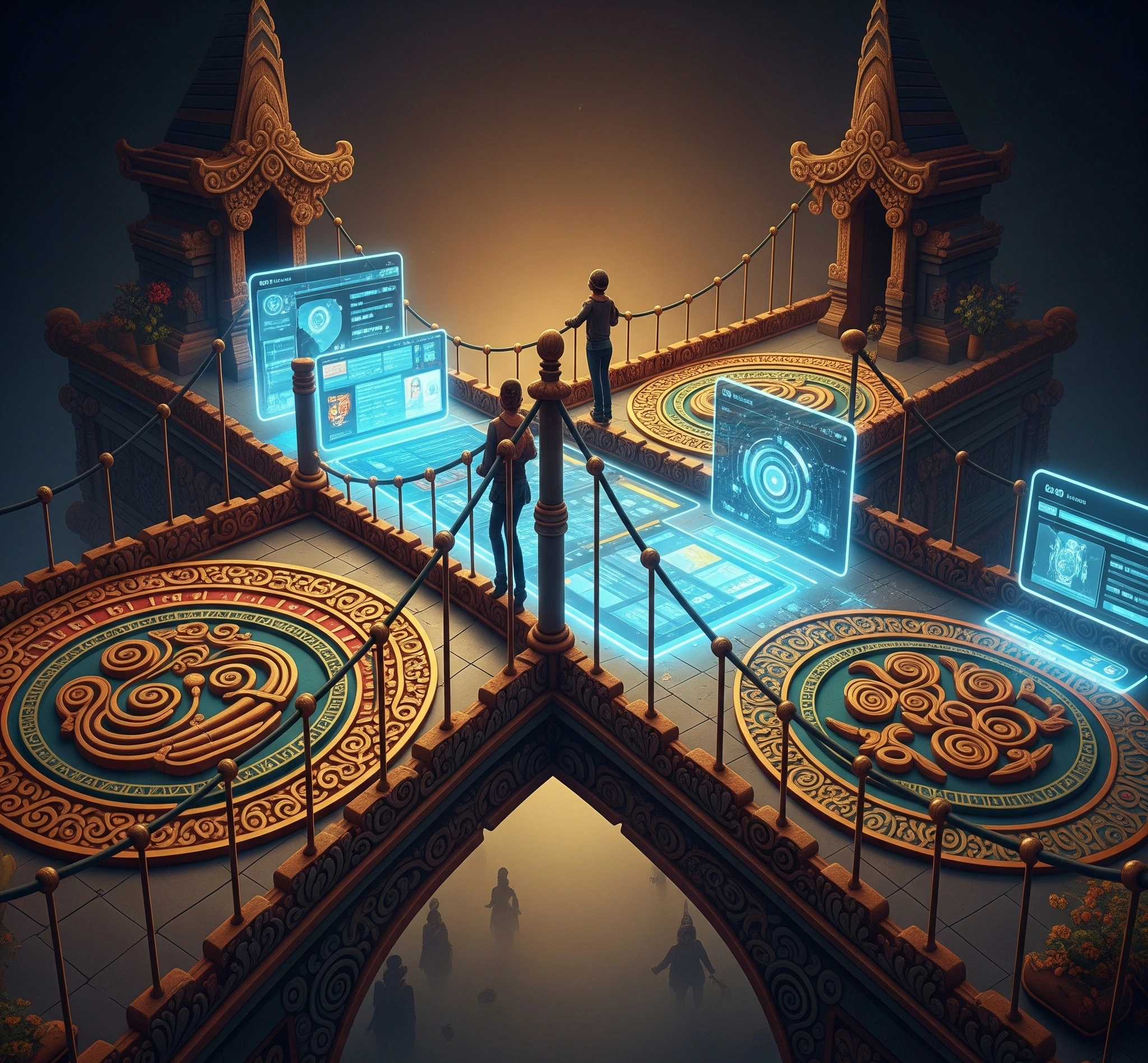 A metaphorical bridge connecting ancient Javanese calendar symbols with modern digital interfaces, symbolizing the integration of Weton wisdom