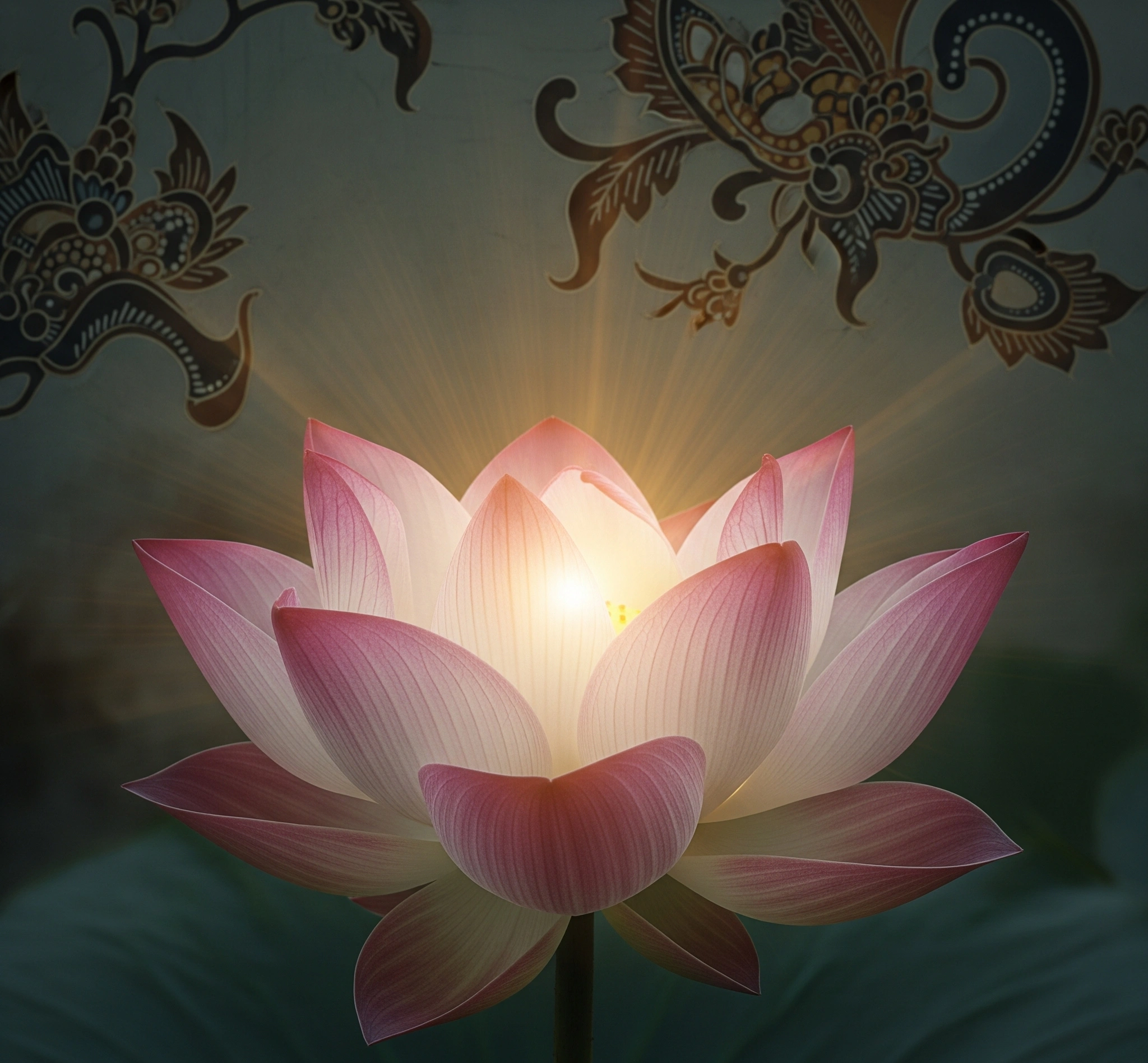 A metaphorical image of a blossoming lotus flower radiating light, symbolizing spiritual enlightenment and the unlocking of inner potential through Kejawen practices