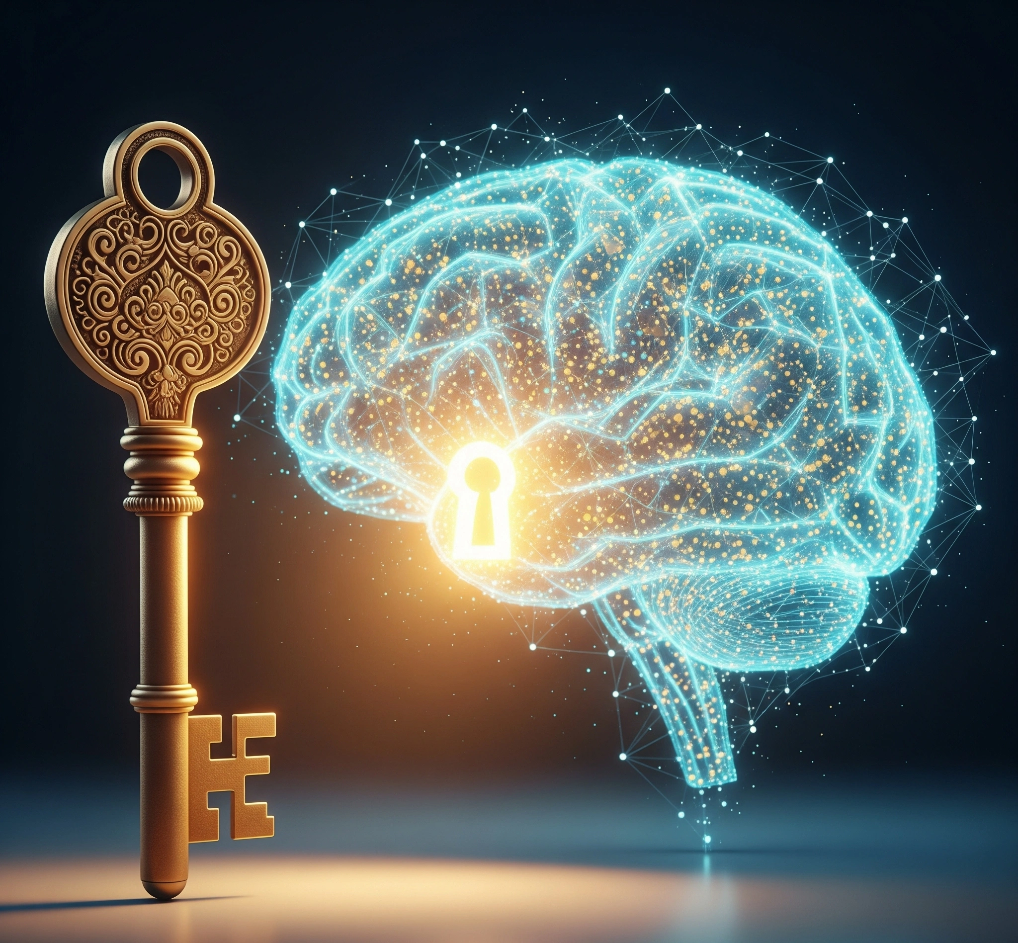 A metaphorical image of a golden key unlocking a complex, glowing digital brain structure, symbolizing the connection between cultural understanding and unlocking potential in technology.