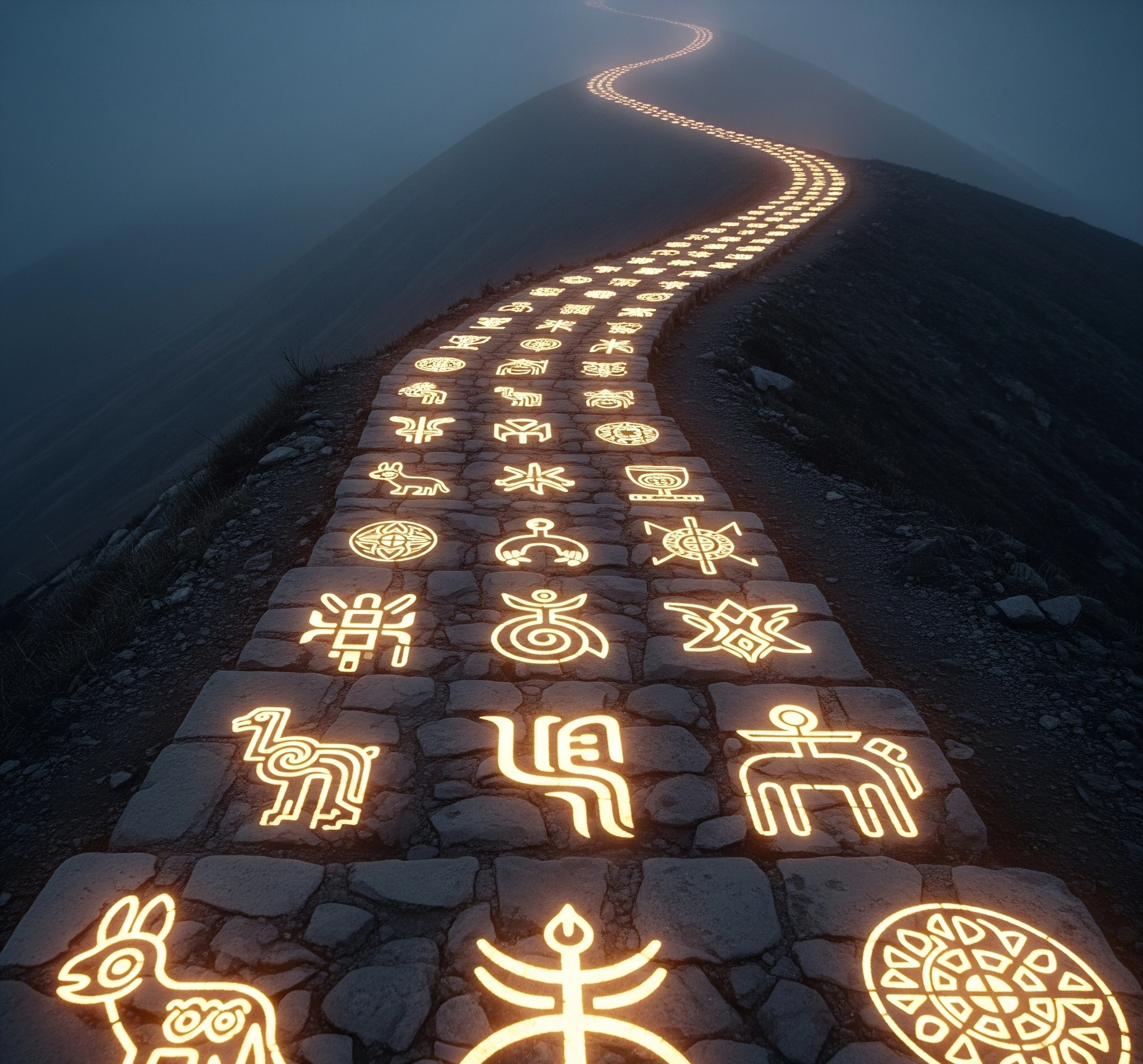A metaphorical image of a winding path up a mountain, lit by glowing ancient symbols, signifying the journey of cultural preservation and wisdom.