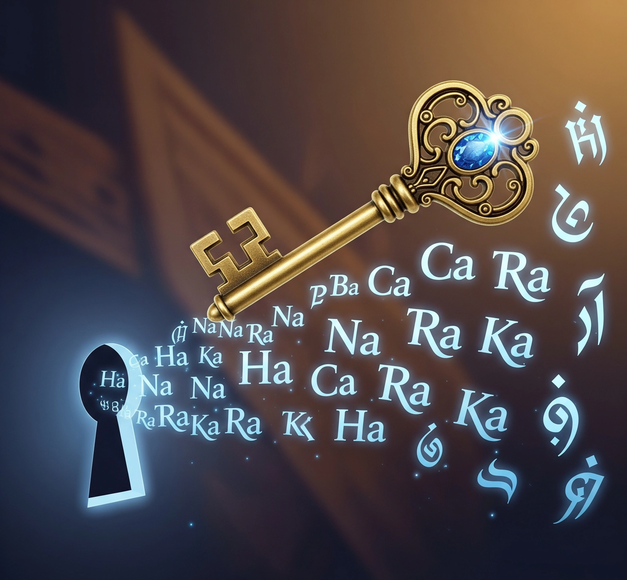 A metaphorical image of an ornate key unlocking a series of elegant Aksara Jawa characters, symbolizing understanding and mastery of the script.