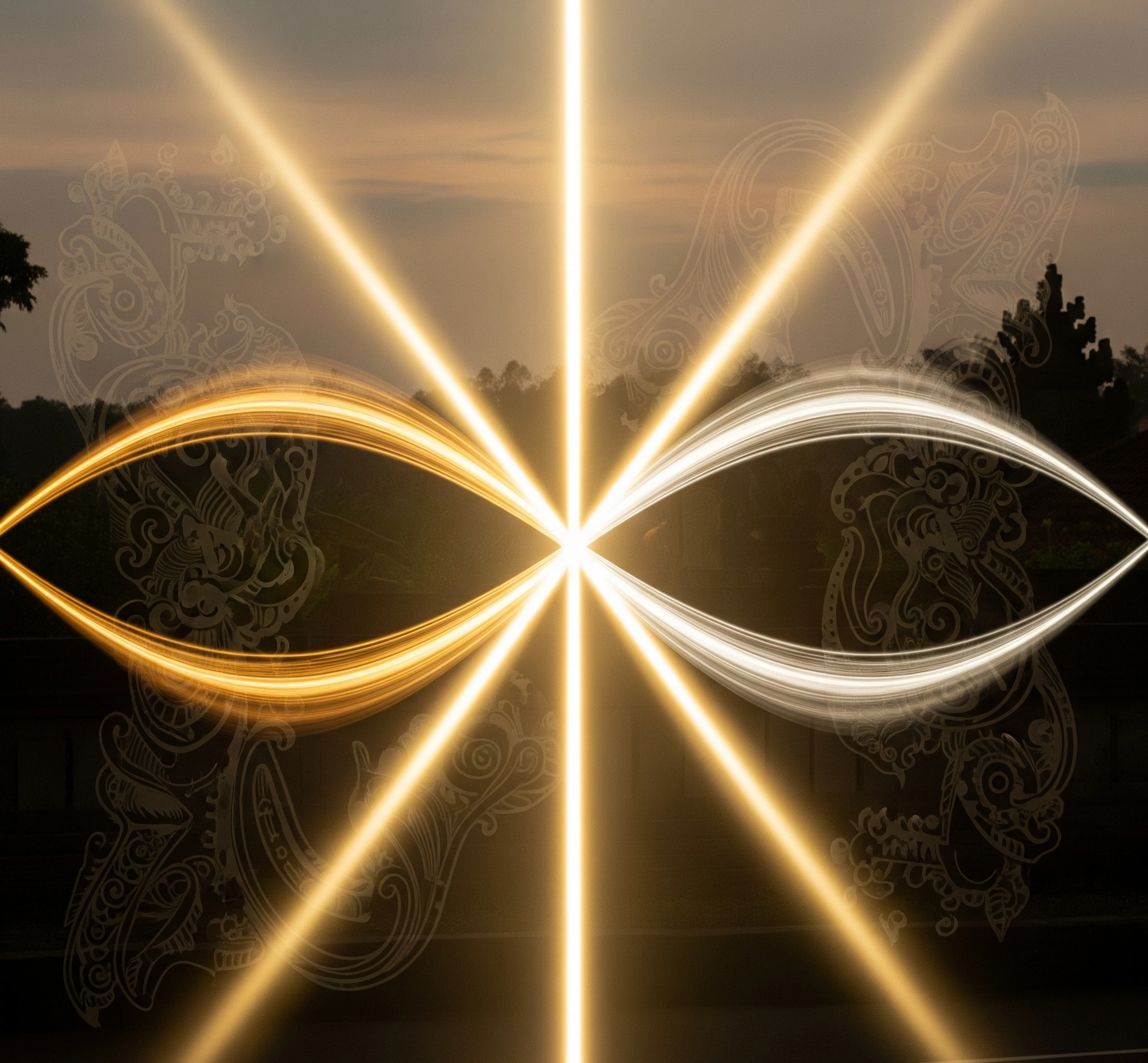A metaphorical image showing two streams of light merging into one.