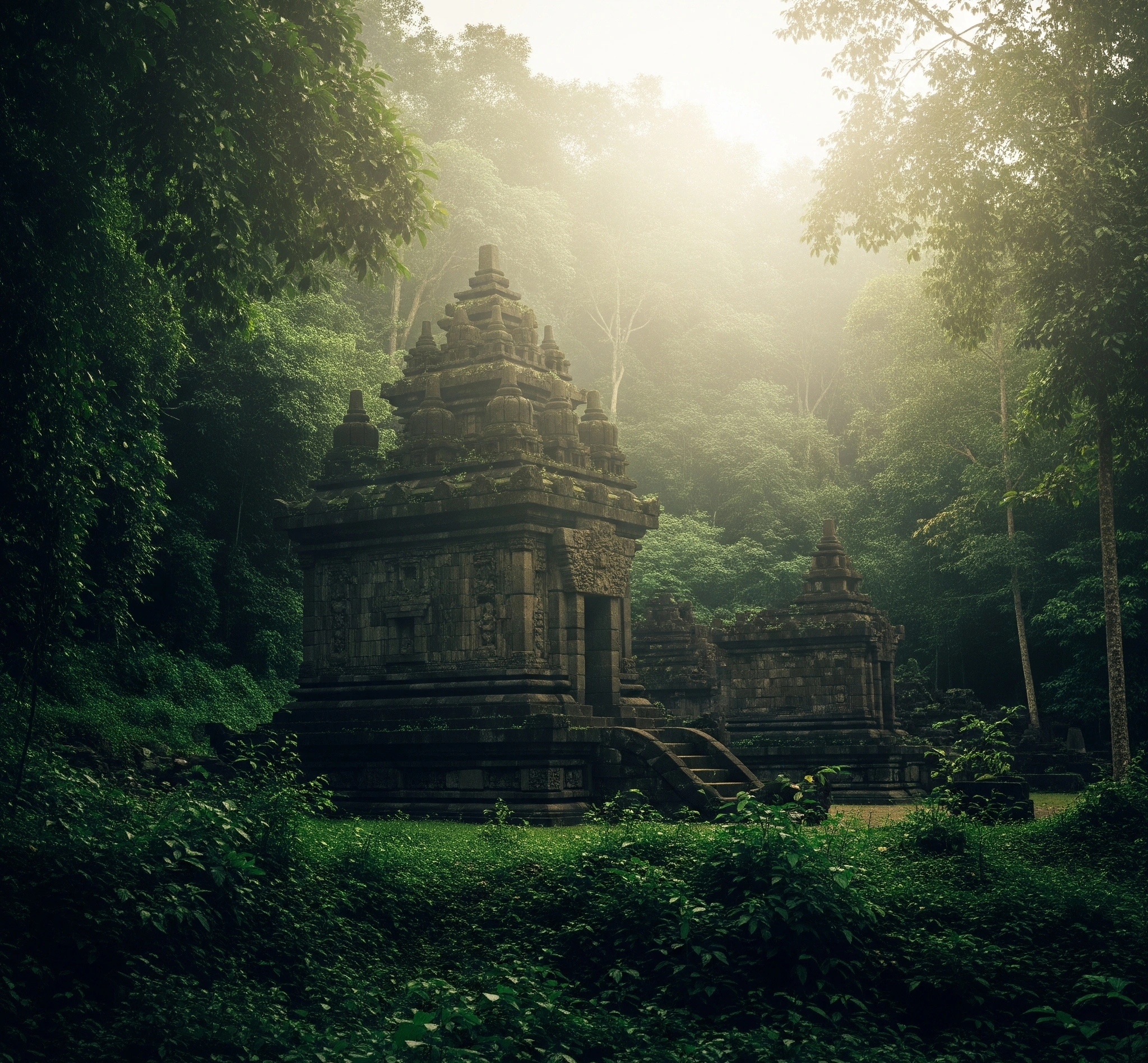 A mystical, ancient temple partially obscured by lush East Javanese jungle, with soft morning light filtering through, evoking a sense of discovery and untold stories. nuansa jawa
