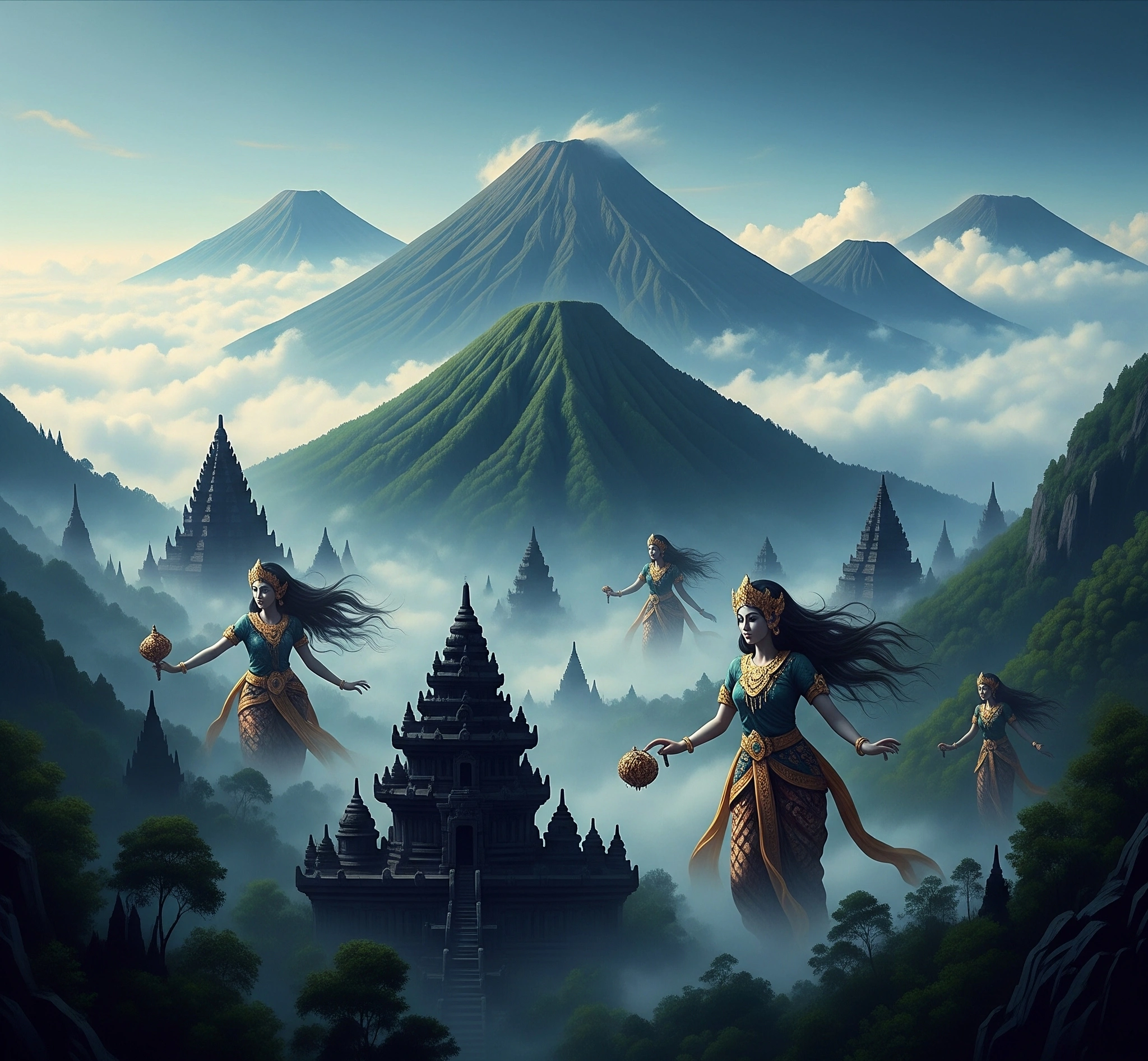 A mystical depiction of sacred Javanese mountains with ethereal mountain spirits. nuansa jawa