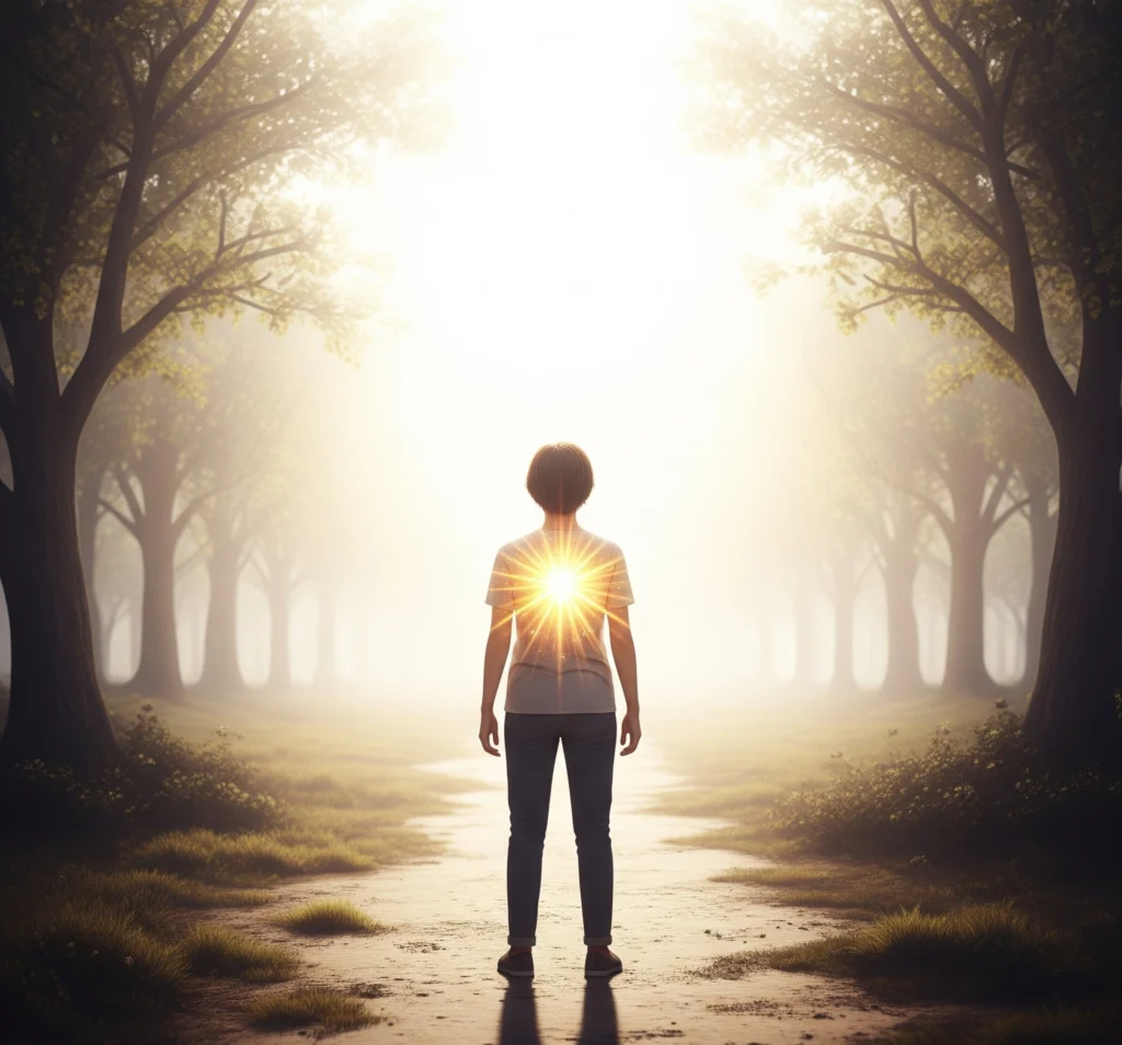 A person standing confidently with a bright light emanating from their chest, symbolizing inner courage and strength in confronting fear.