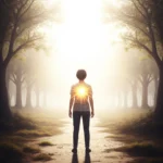 A person standing confidently with a bright light emanating from their chest, symbolizing inner courage and strength in confronting fear.