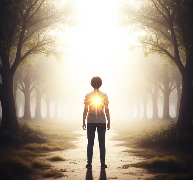 A person standing confidently with a bright light emanating from their chest, symbolizing inner courage and strength in confronting fear.