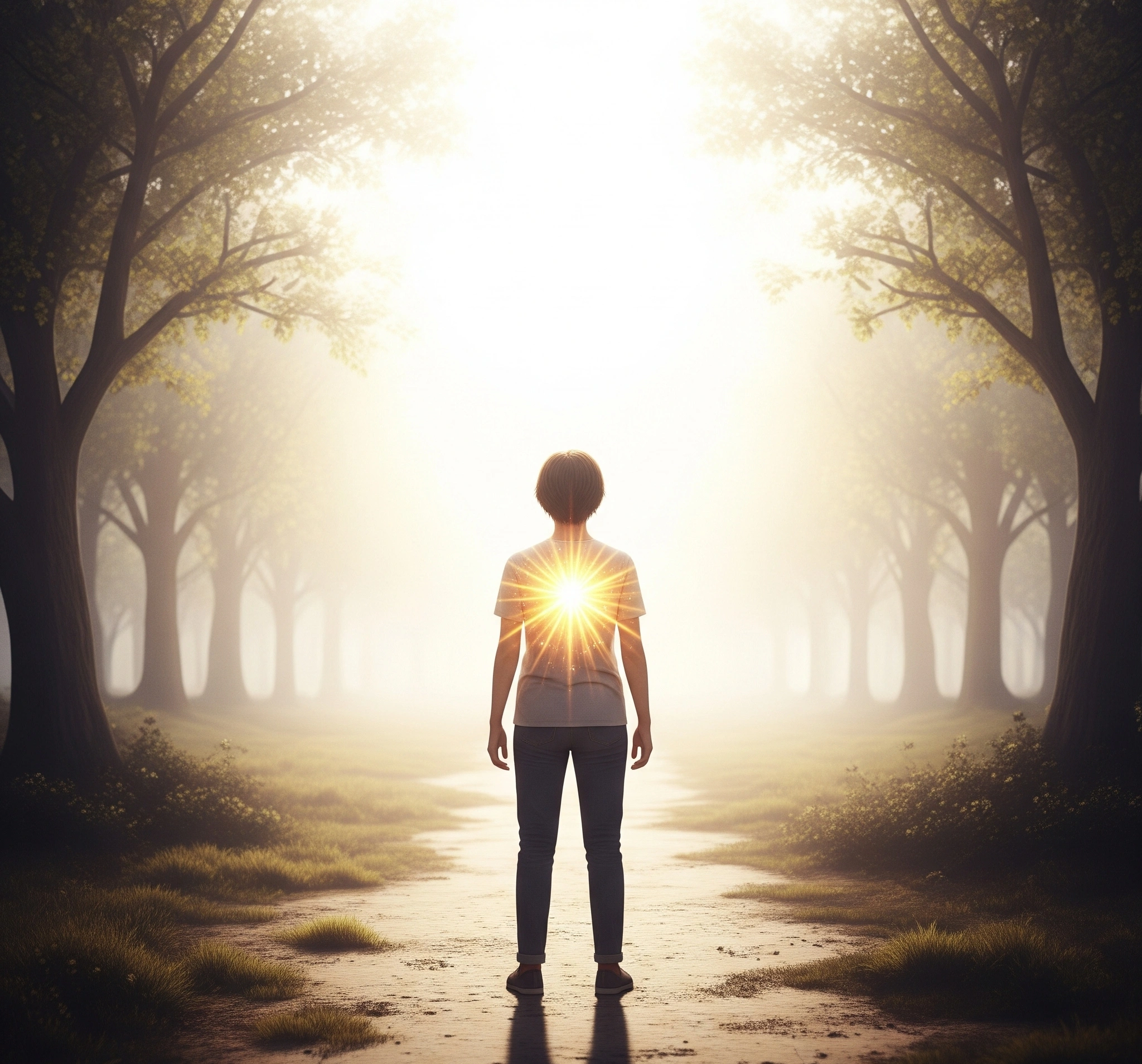 A person standing confidently with a bright light emanating from their chest, symbolizing inner courage and strength in confronting fear.