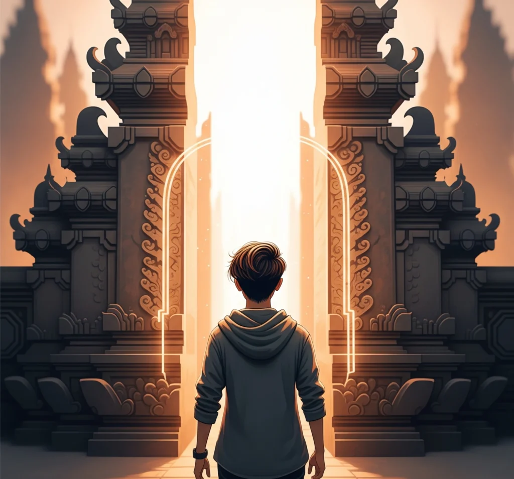 A person stepping confidently through a glowing archway, symbolizing a new beginning and embracing life's transitions.