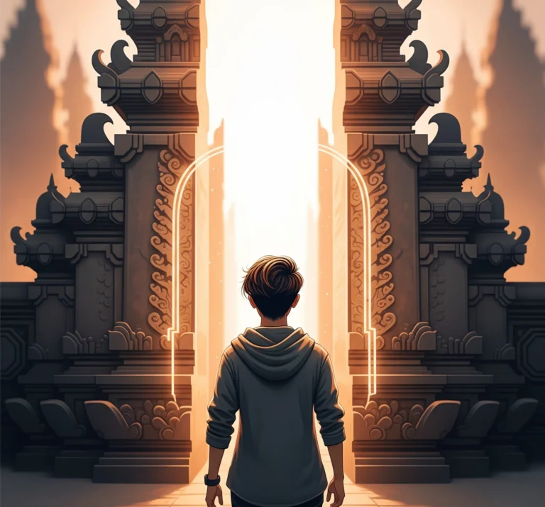 A person stepping confidently through a glowing archway, symbolizing a new beginning and embracing life's transitions.