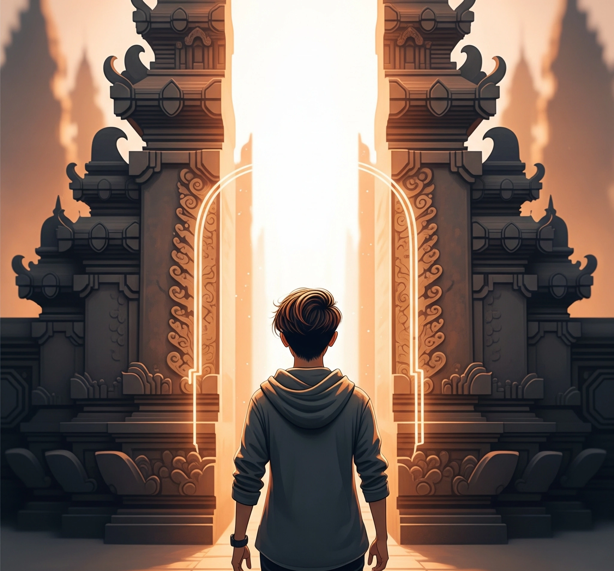 A person stepping confidently through a glowing archway, symbolizing a new beginning and embracing life's transitions.