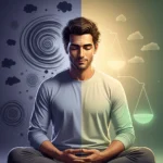 A serene individual meditating, symbolizing the journey to finding inner balance amidst personal struggles and conflicting thoughts