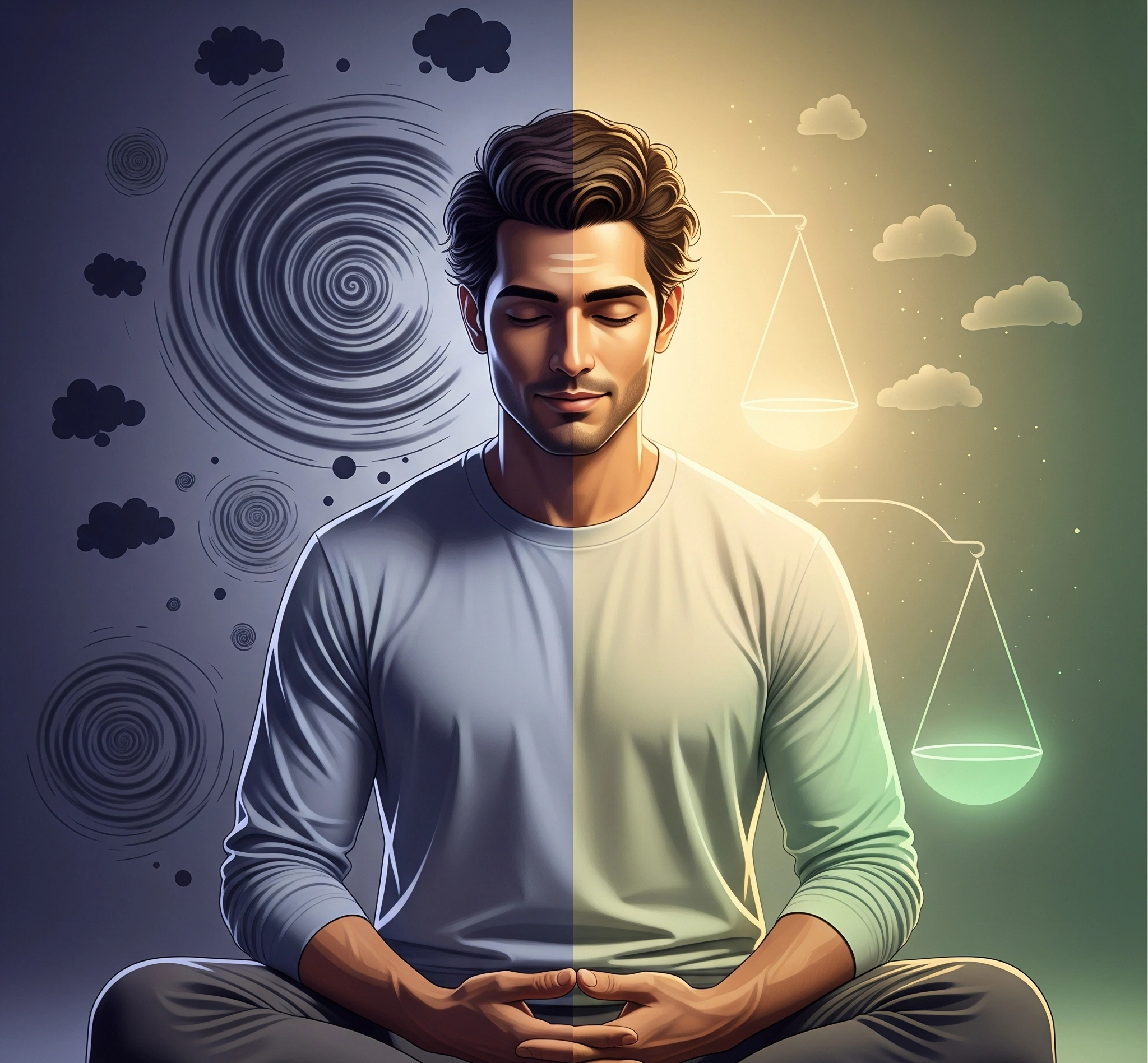 A serene individual meditating, symbolizing the journey to finding inner balance amidst personal struggles and conflicting thoughts