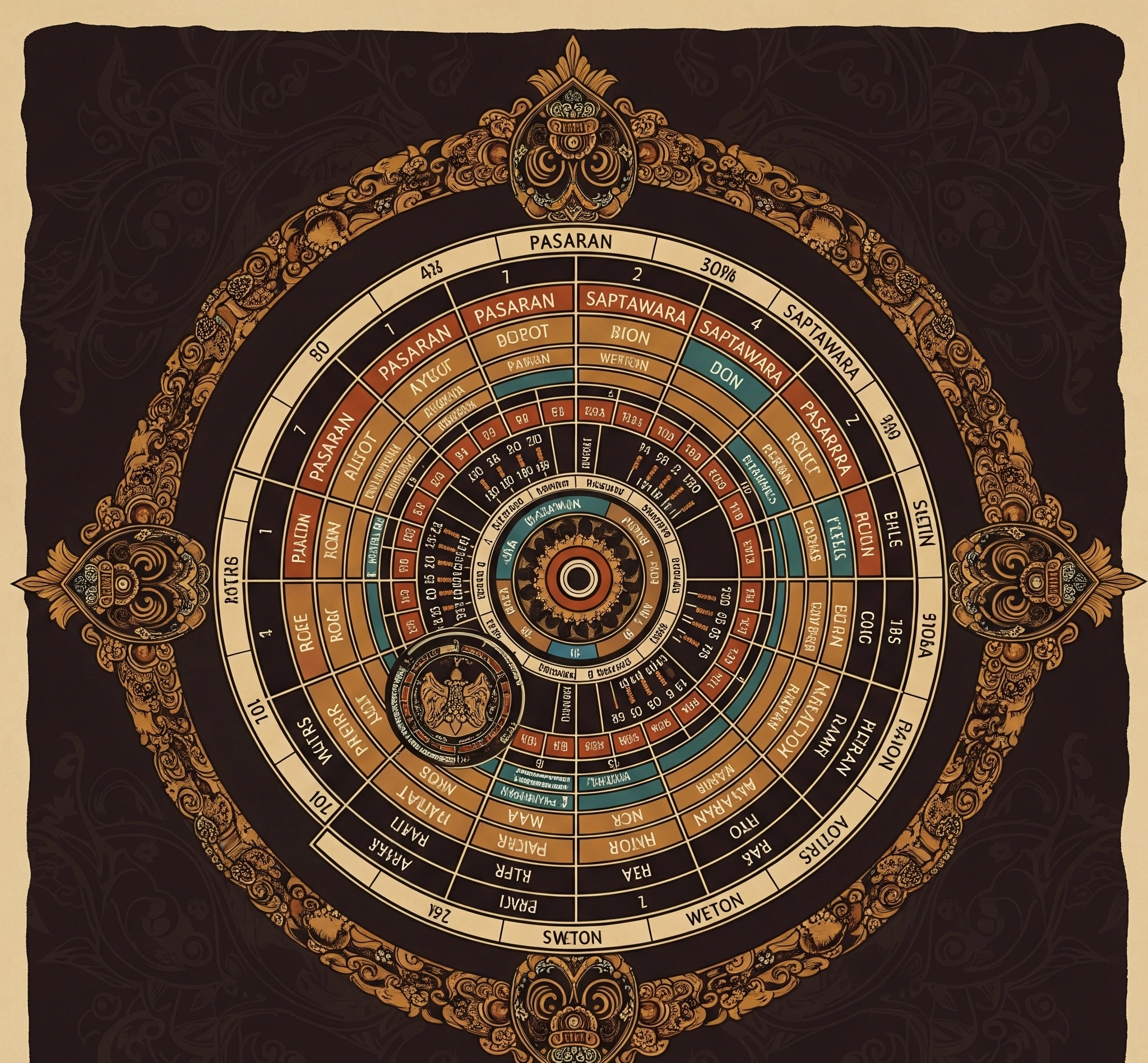 A symbolic Javanese calendar wheel illustrating the interplay of Pasaran and Saptawara cycles for Weton calculation
