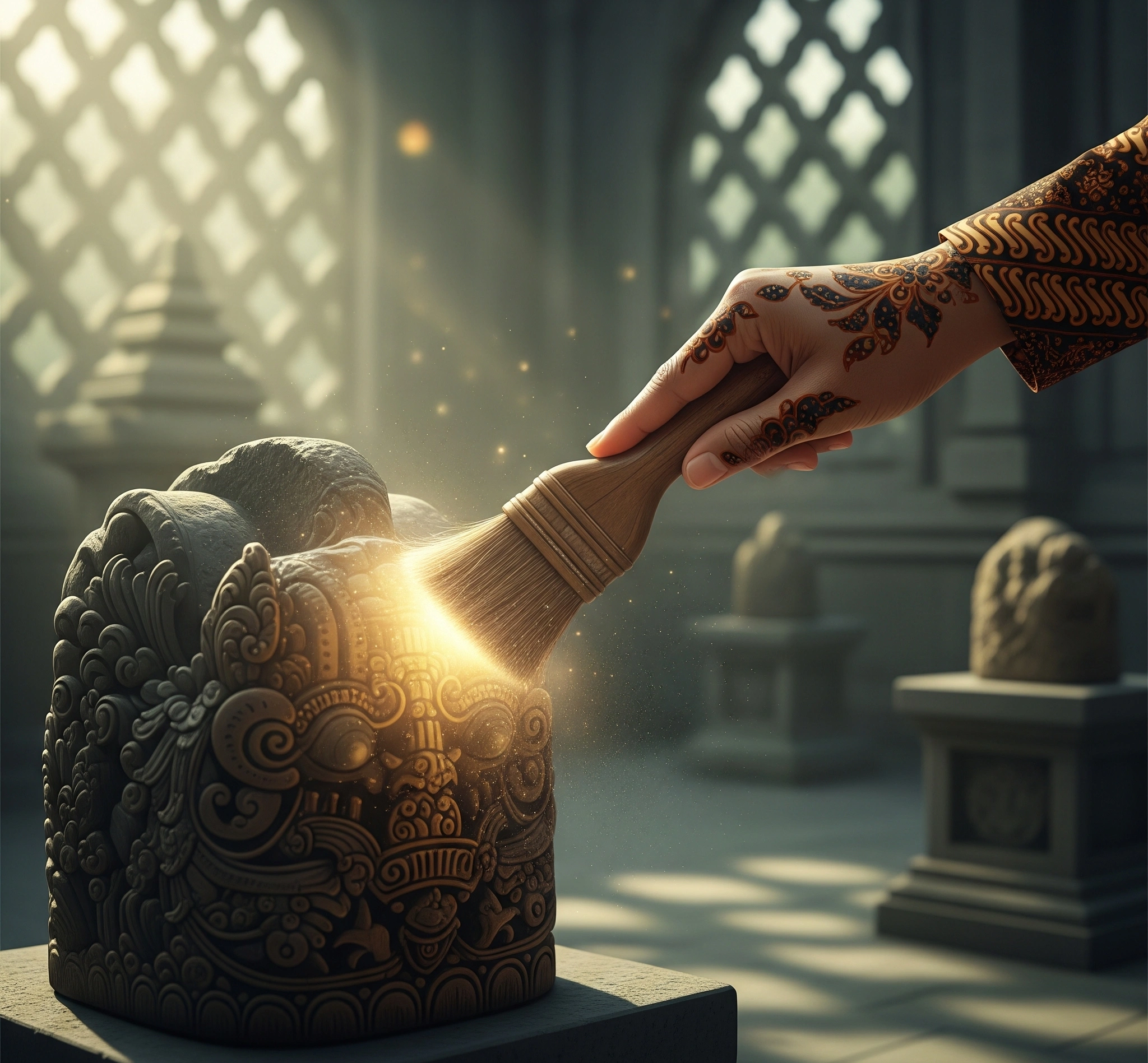 A symbolic image of a hand gently brushing away dust from an ancient, glowing artifact, representing the act of uncovering and revealing hidden knowledge or history. nuansa jawa