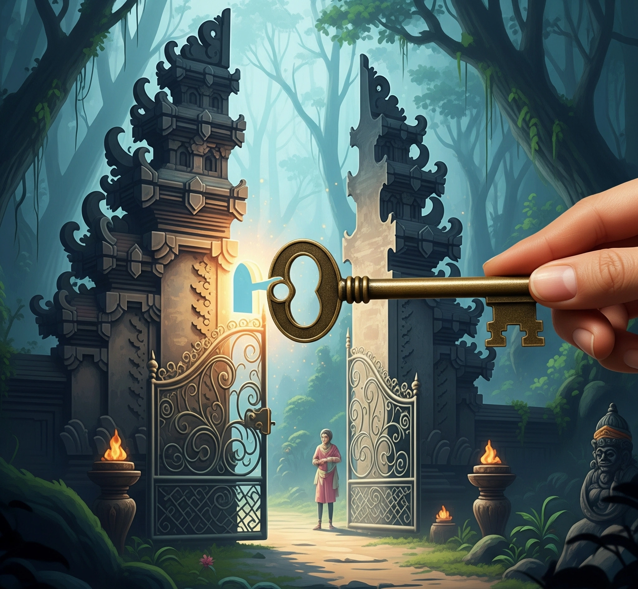 A symbolic image of a key unlocking a glowing, ethereal gate, representing a framework for unlocking deeper understanding and preservation of ancient rituals