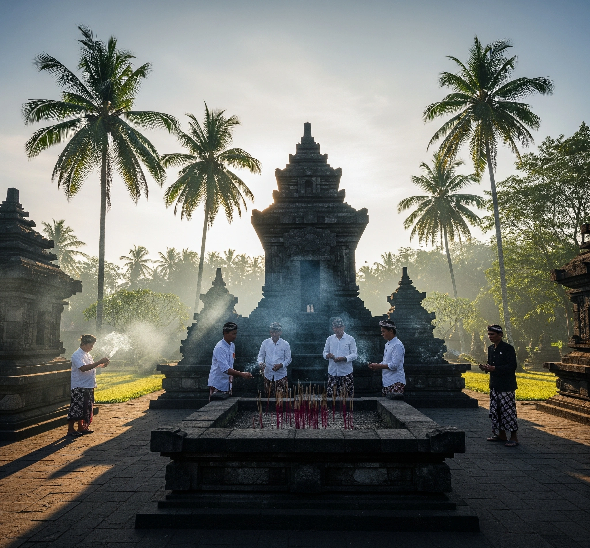 A symbolic image of an ancient Javanese temple ritual offering with incense, representing spiritual practices