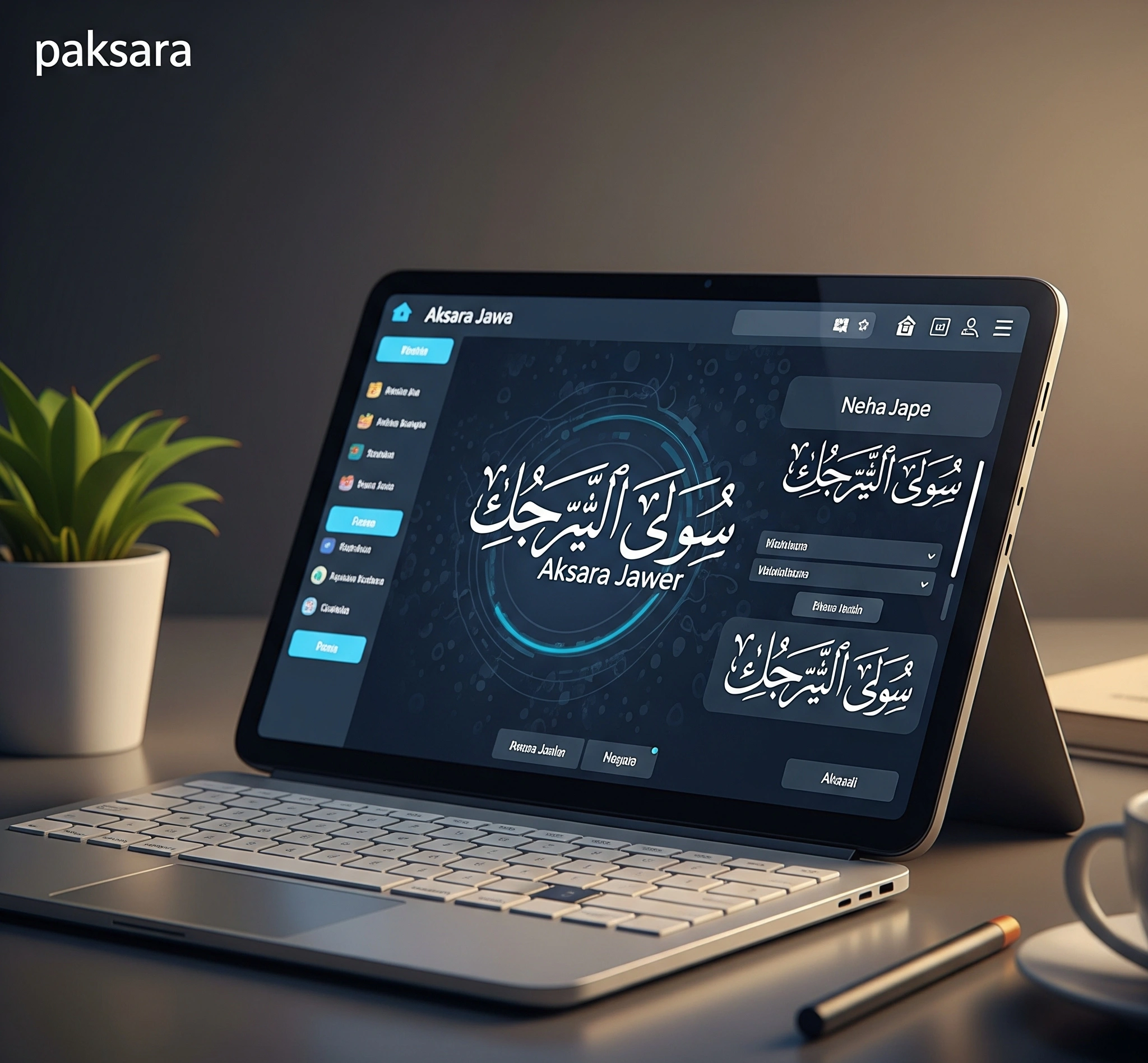 A symbolic image showing elegant Aksara Jawa characters merging with a modern digital interface, representing the fusion of tradition and technology in learning.