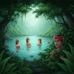 Celestial nymphs bathing in a serene lake, with Jaka Tarub secretly observing from the forest, hinting at the beginning of the Javanese folktale.
