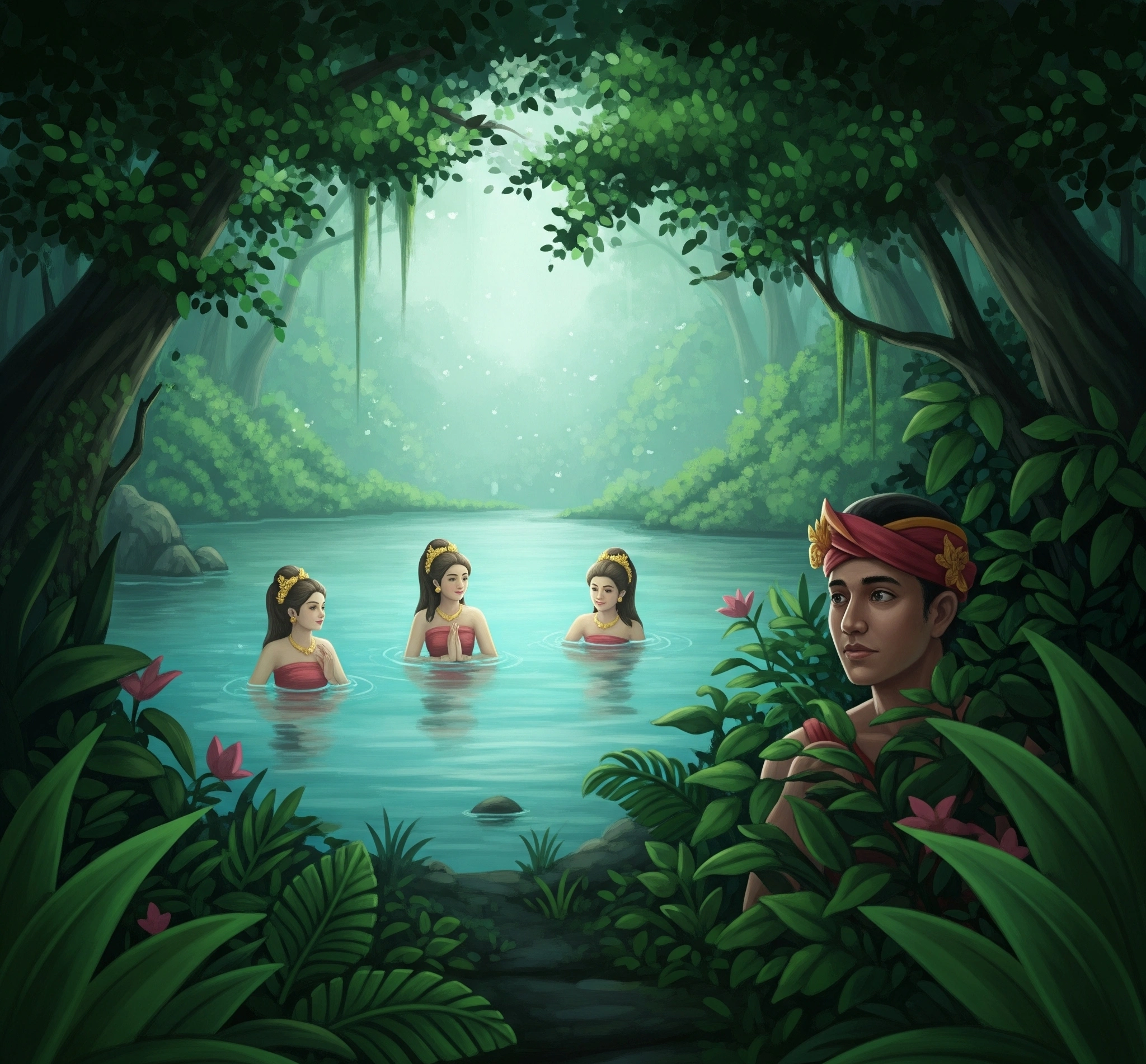 Celestial nymphs bathing in a serene lake, with Jaka Tarub secretly observing from the forest, hinting at the beginning of the Javanese folktale.