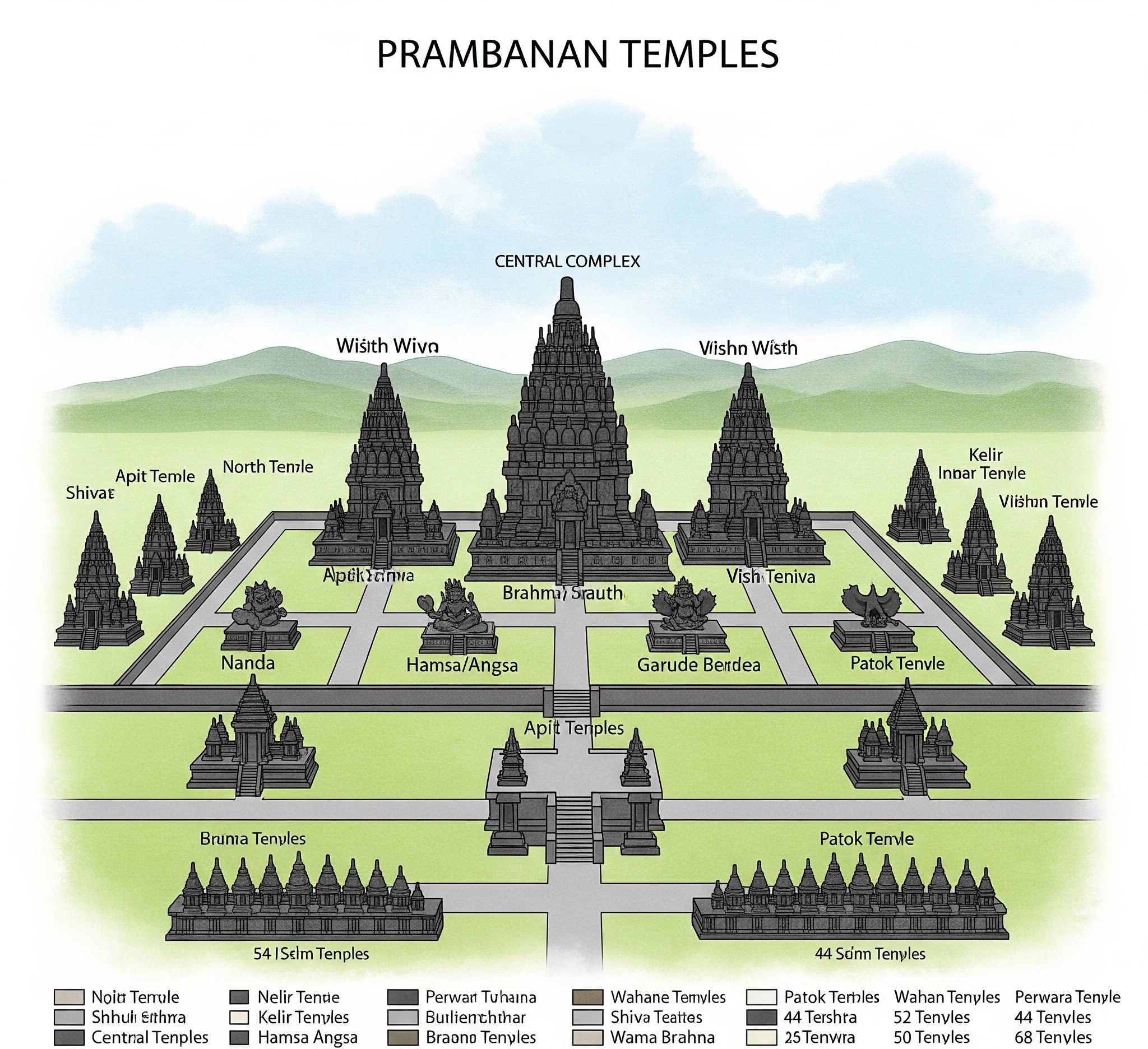 Detailed conceptual diagram of Prambanan Temple's layout, showing the central Trimurti temples, wahana temples, and the concentric rows of perwara temples, labeled clearly with their names and orientation